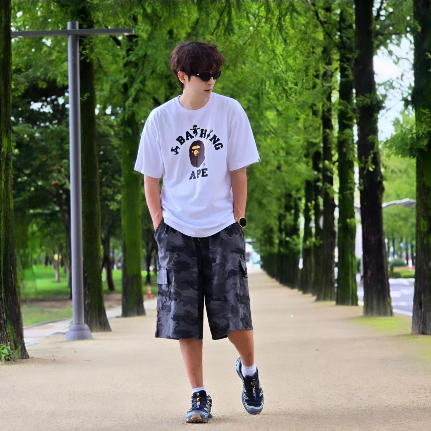BAPE Ninja College T-Shirt White, Salomon XT-6 GTX Carbon Bering Sea 착용 스타일 - 4
