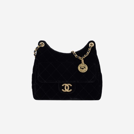 Chanel Hobo Handbag Velvet & Gold Black