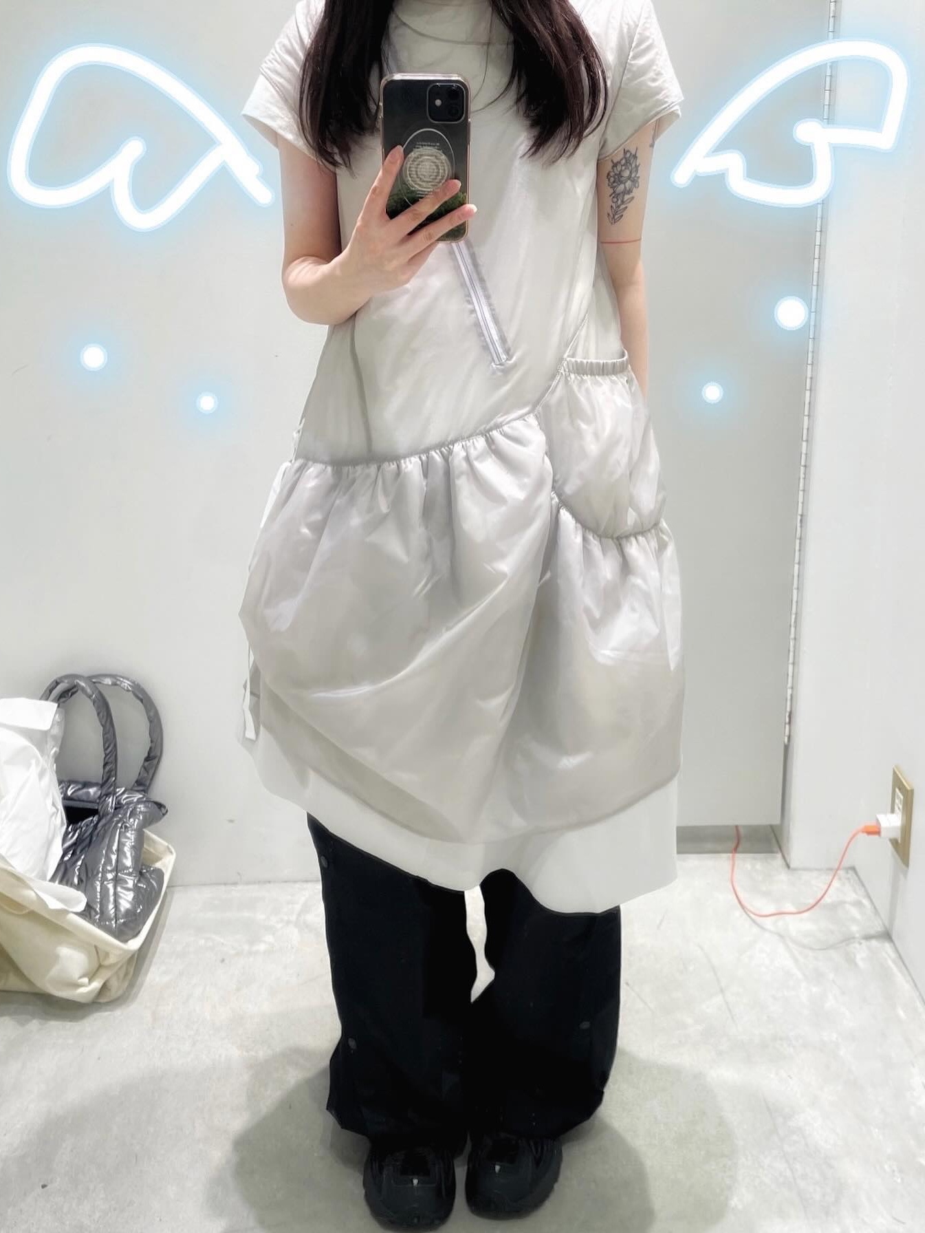 Coyseio Puff Shirring One Piece Purple Grey 착용 스타일 - 1