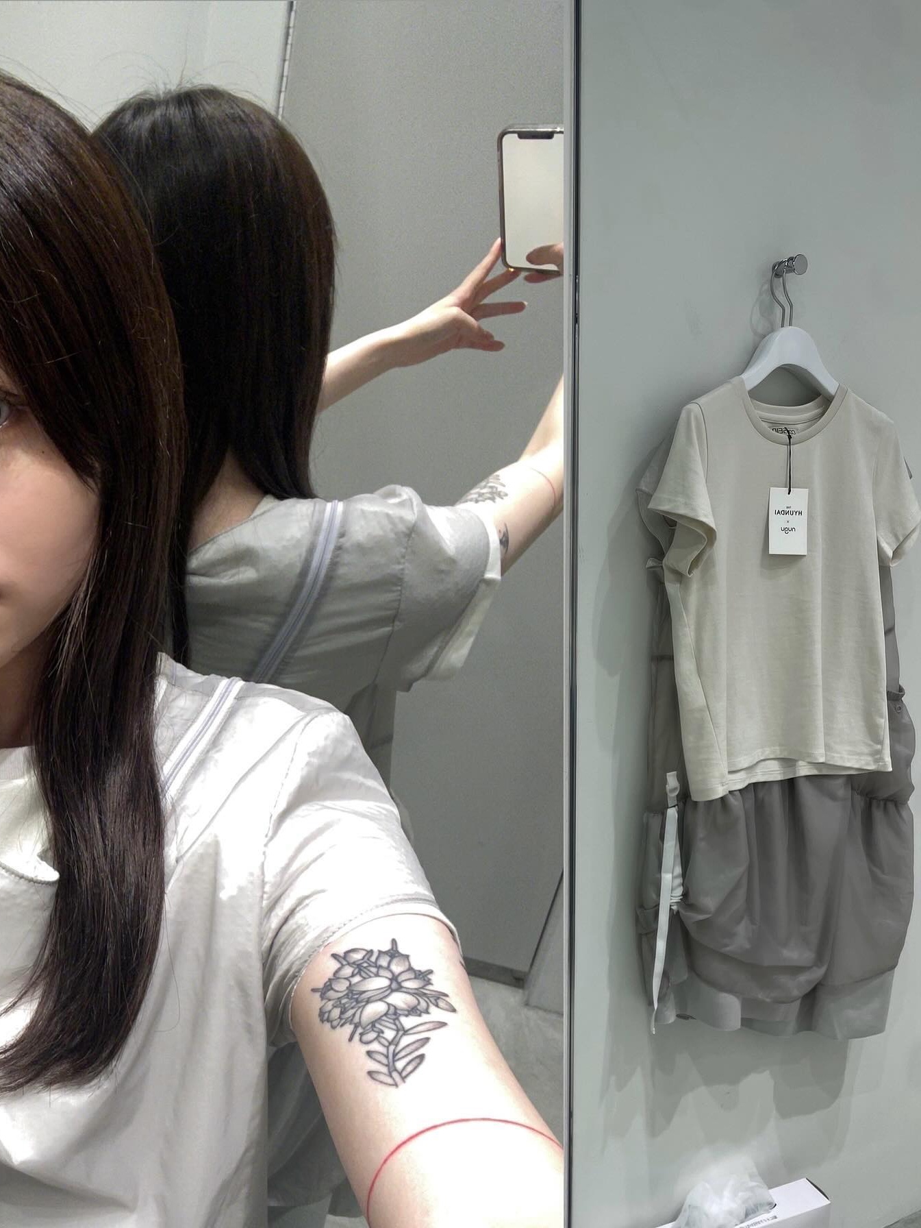 Coyseio Puff Shirring One Piece Purple Grey 착용 스타일 - 3