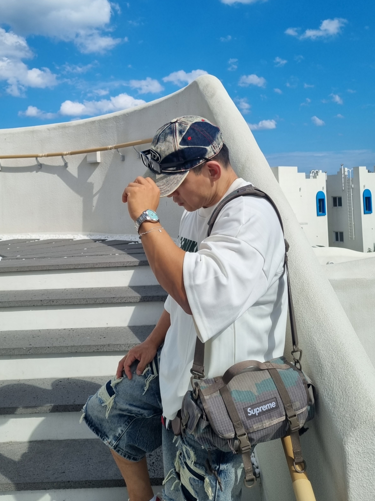 Diesel C-Seymon Treated Denim Baseball Cap Blue White, Supreme Mini Duffle Bag Woodland Camo - 24SS 착용 스타일 - 5