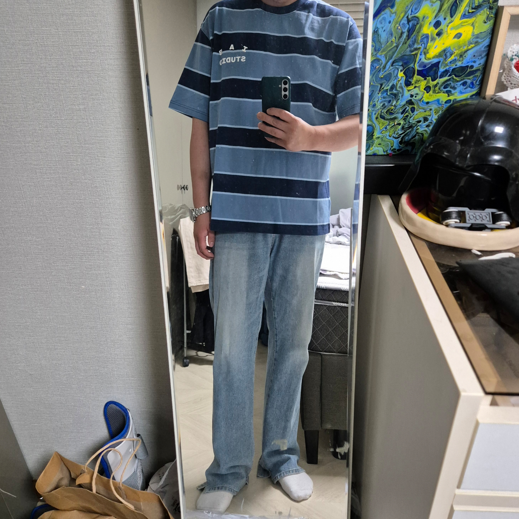 IAB Studio Striped T-Shirt Blue White 착용 스타일 - 1
