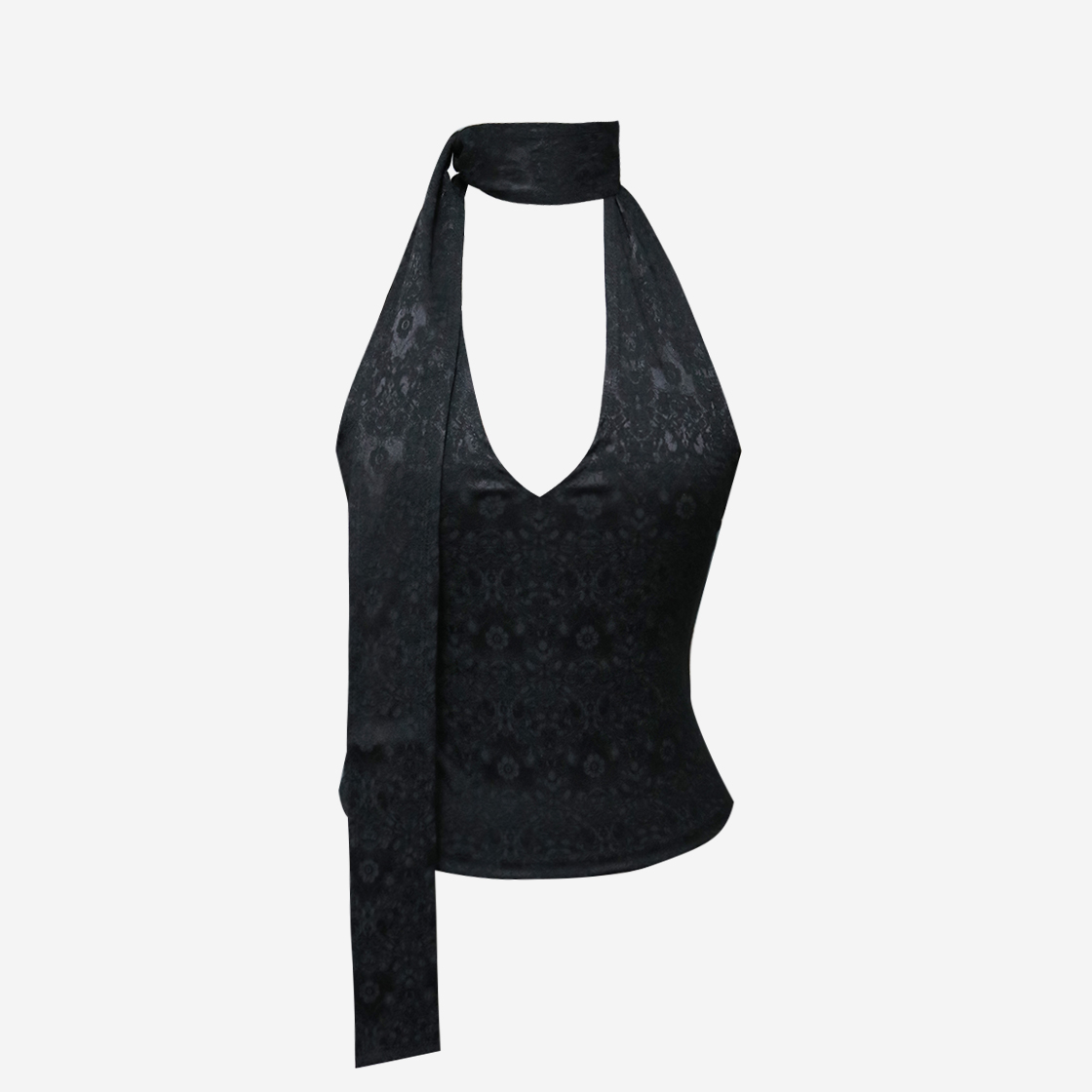 시오 자카드 브이넥 홀터 슬리브리스 탑 블랙(SIO Jacuard V-neck Halter Sleeveless Top Black)