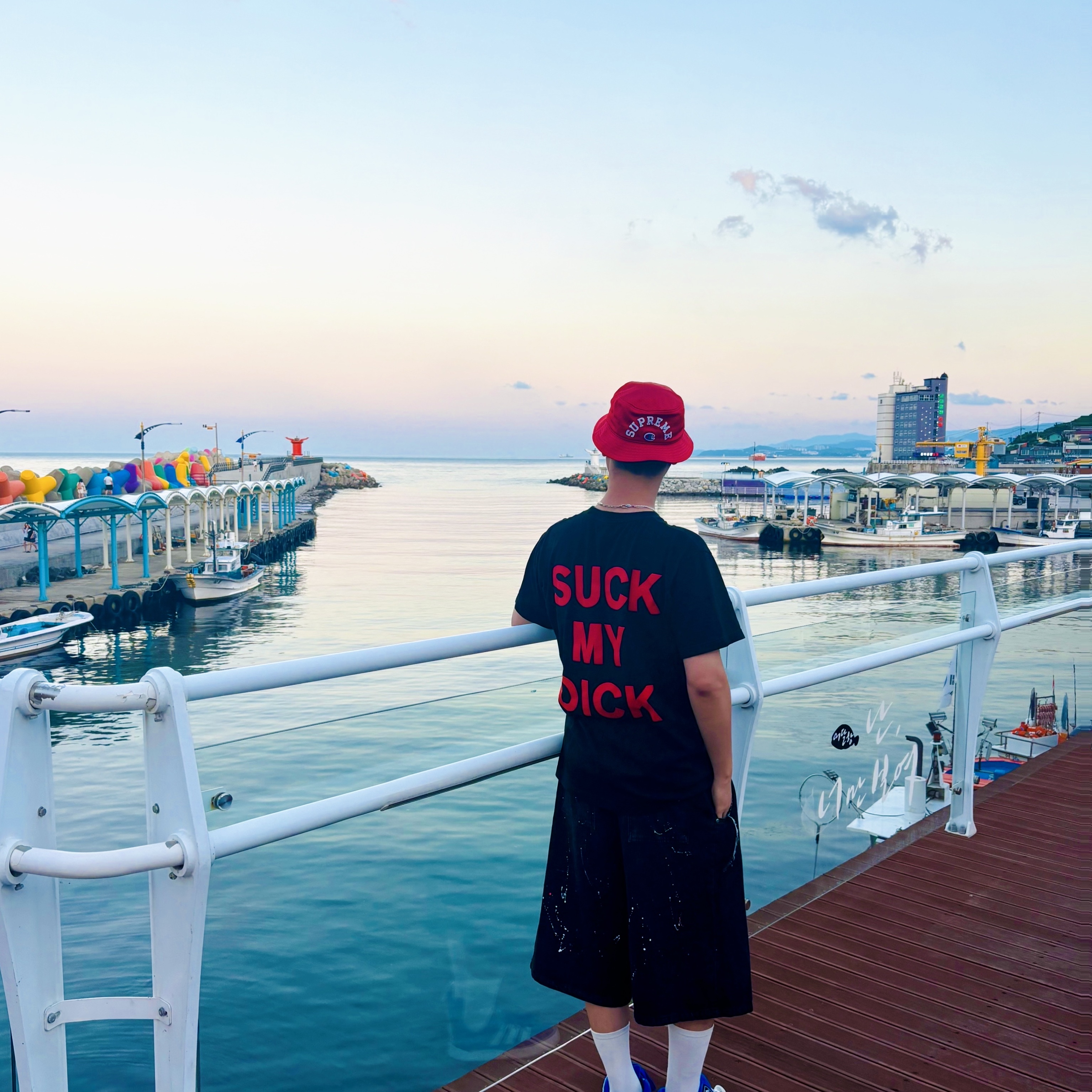 Supreme x Champion Mesh Crusher Red - 24SS, Thug Club Back T-Shirt Slim Black 착용 스타일