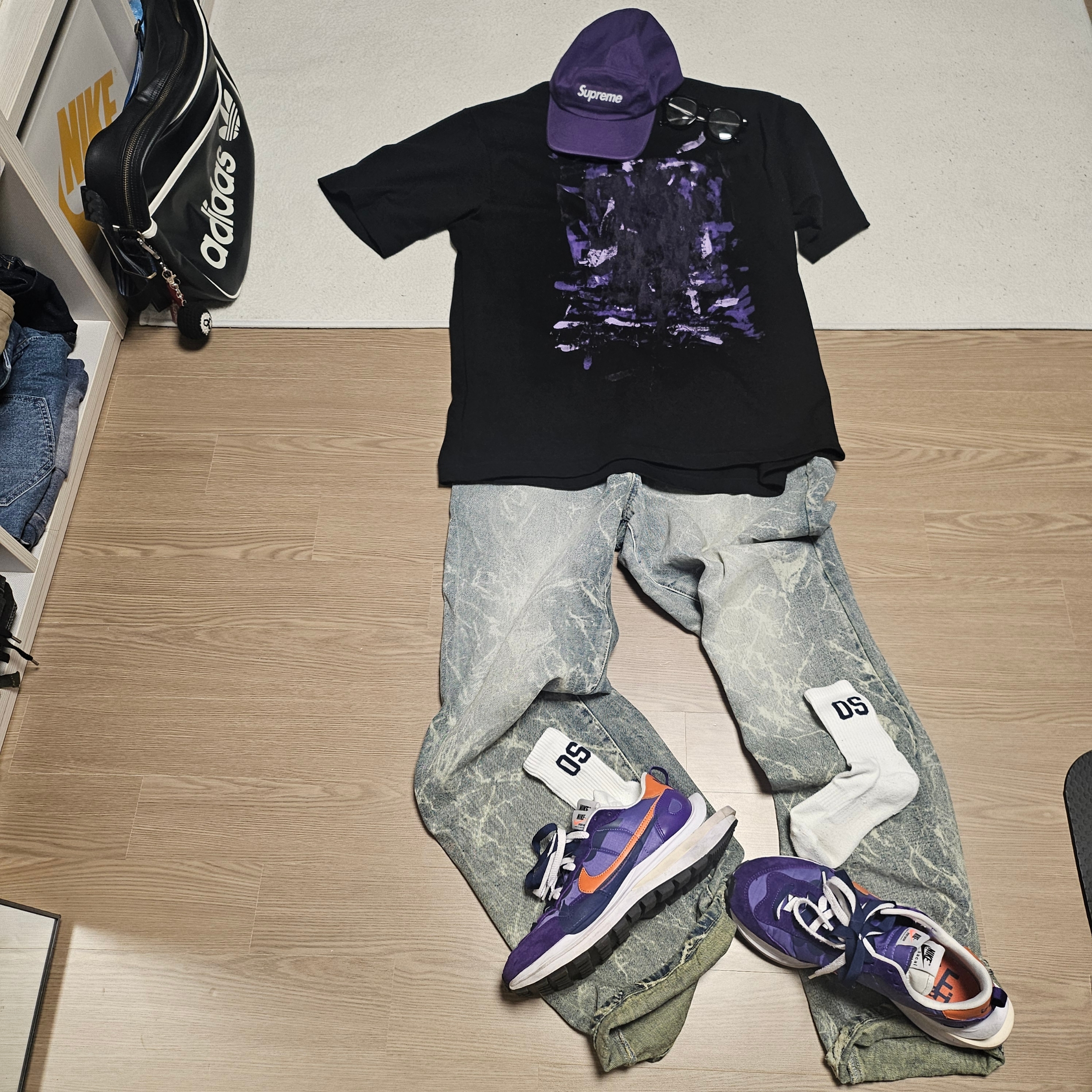 Supreme Washed Chino Twill Camp Cap Purple - 24SS, Nike x Sacai VaporWaffle Dark Iris 착용 스타일 - 4