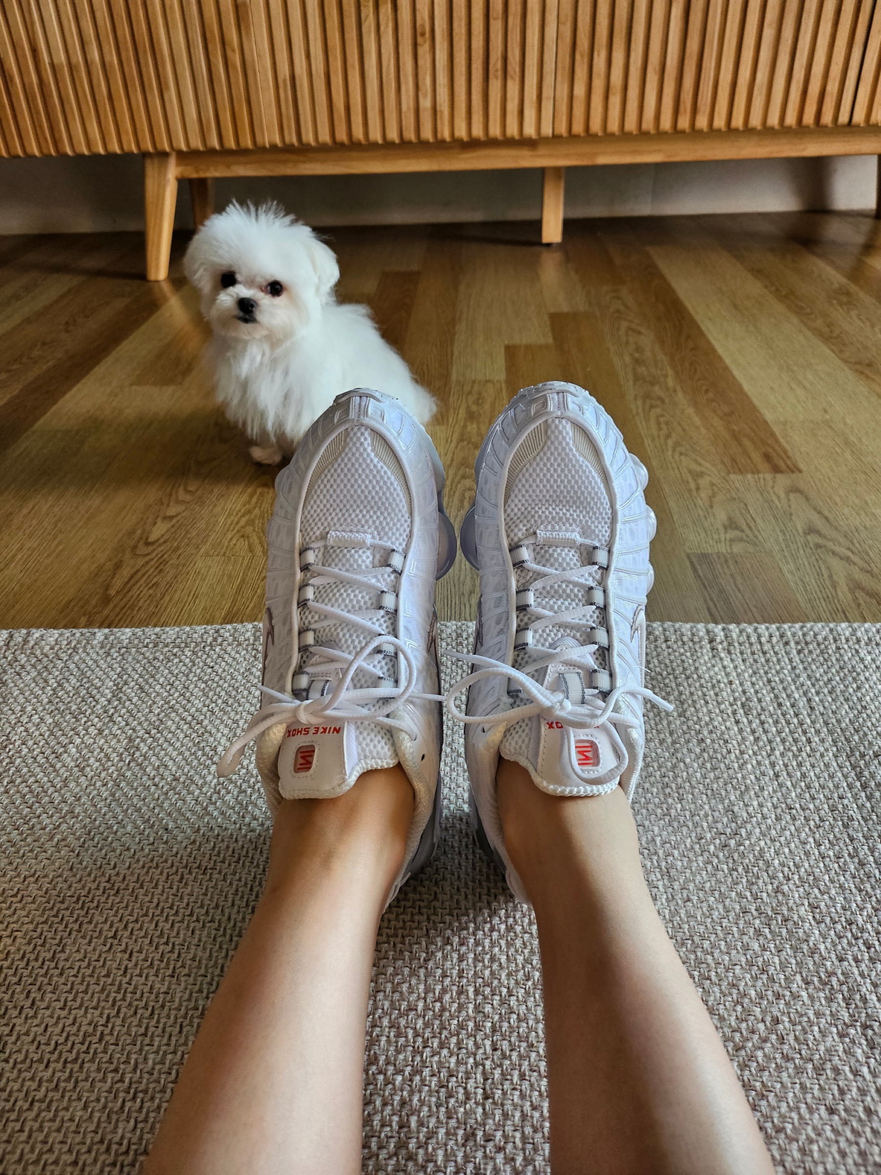 (W) Nike Shox TL White and Max Orange 착용 스타일 - 2