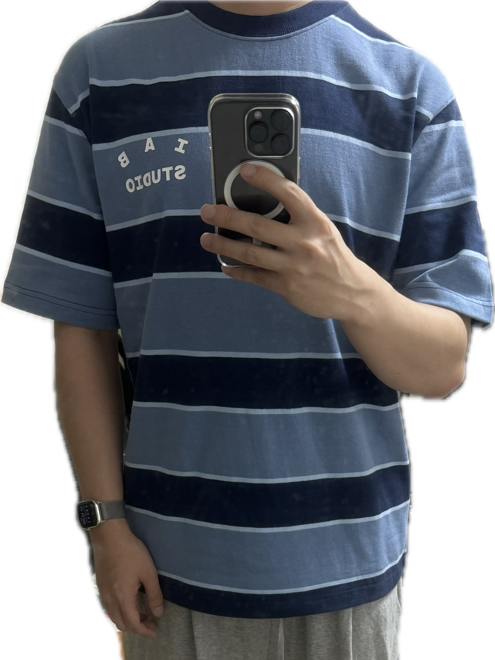 IAB Studio Striped T-Shirt Blue White 착용 스타일