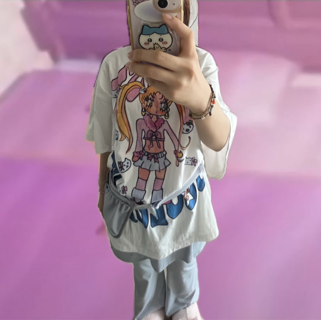 (W) Jichoi Apron Skirt Pants Pearl Grey, Soulpussycat Ghostsoulgirl Gyaru Big Big T-Shirt White 착용 스타일