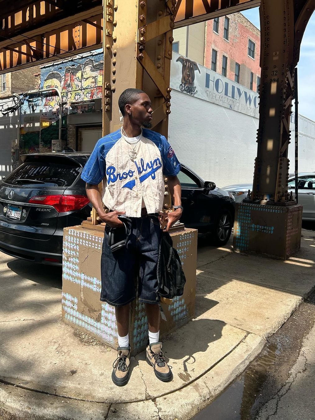 Supreme Mitchell & Ness Satin Baseball Jersey Green - 23SS, Gallery Dept. Echo Park Baseball Jersey Navy 착용 스타일 - 4