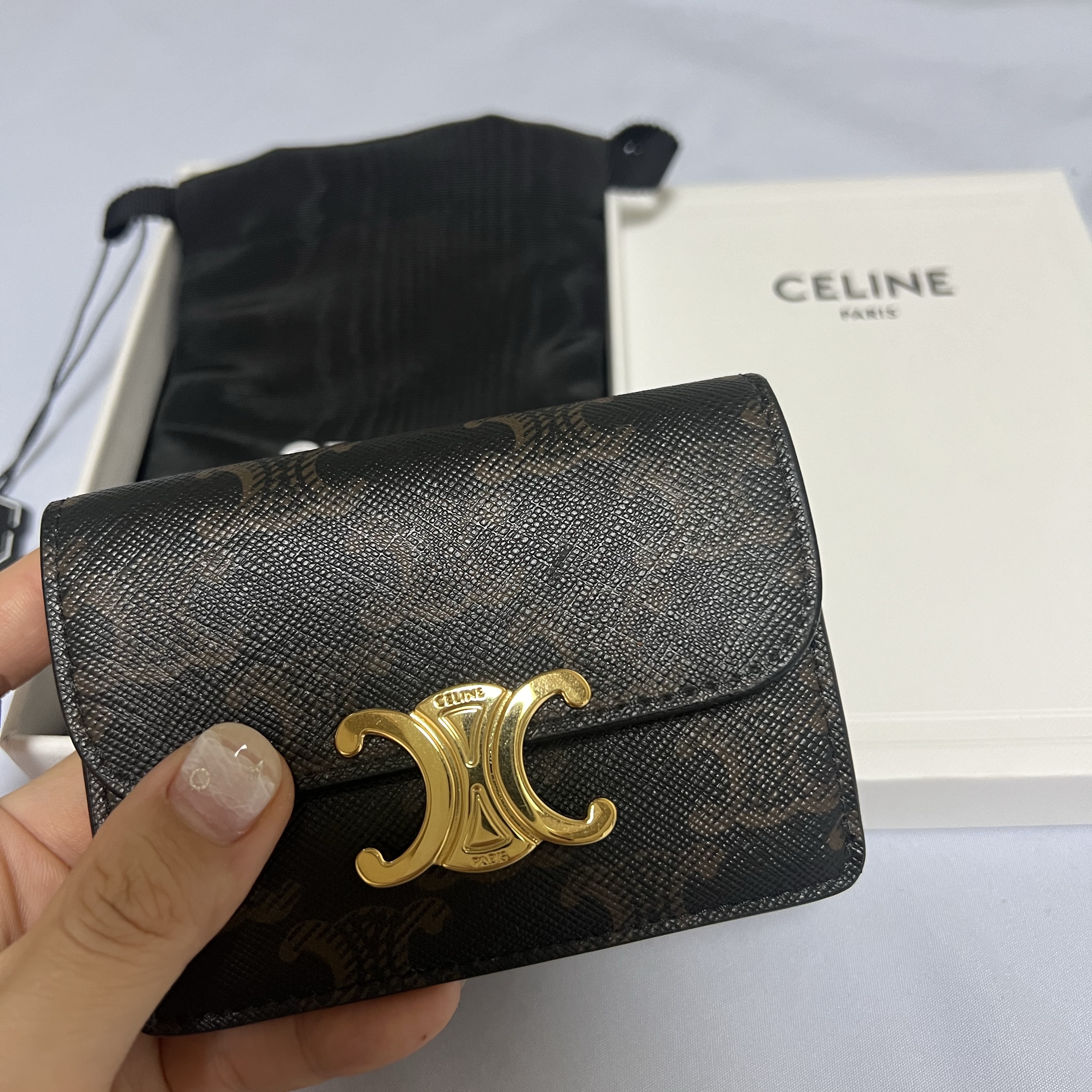 Celine Card Holder with Flap in Triomphe Canvas Tan 착용 스타일