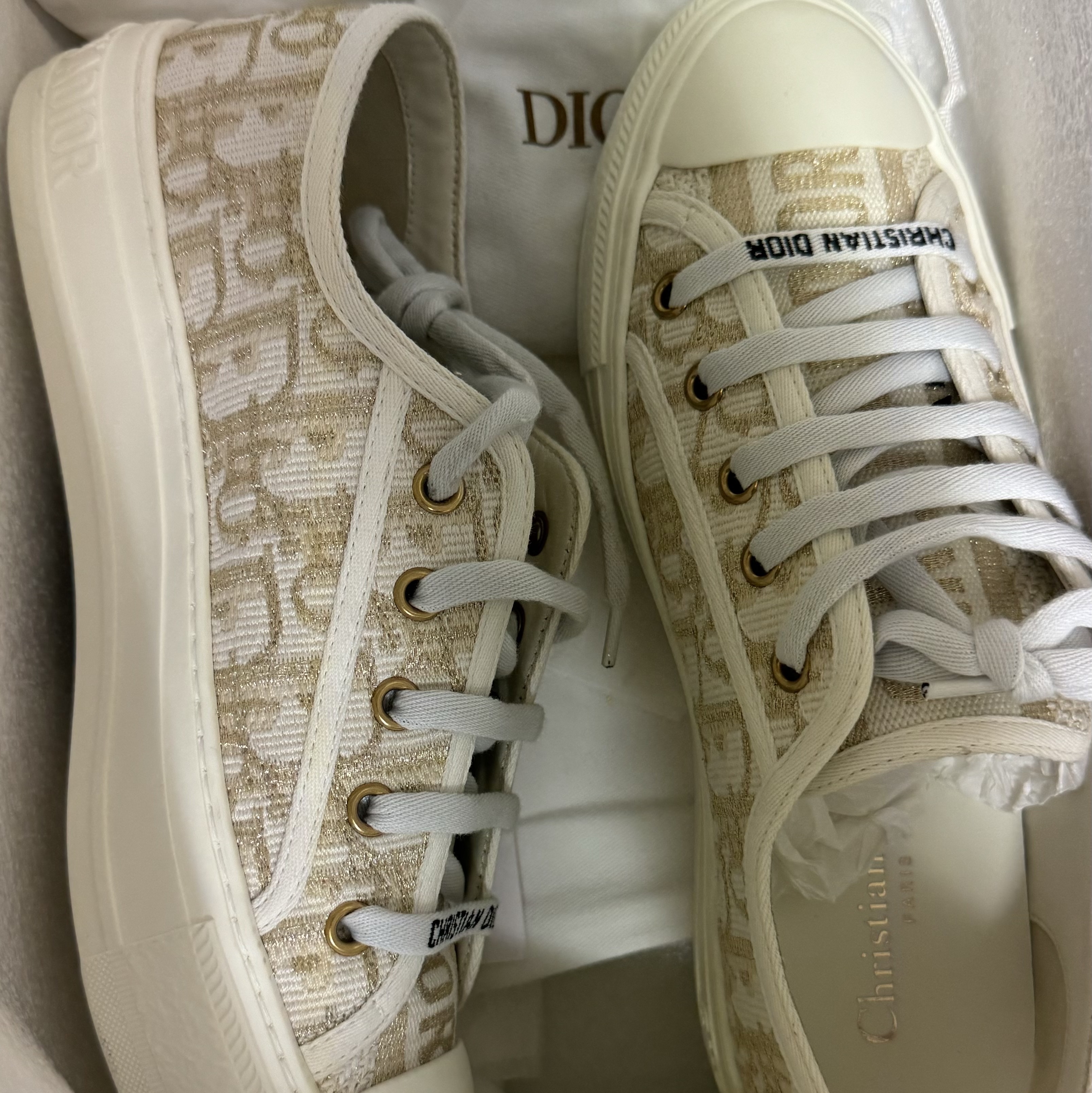 (W) Dior Walk'N'Dior Platform Sneakers Dior Oblique Cotton with Metallic Thread Embroidery Gold 착용 스타일