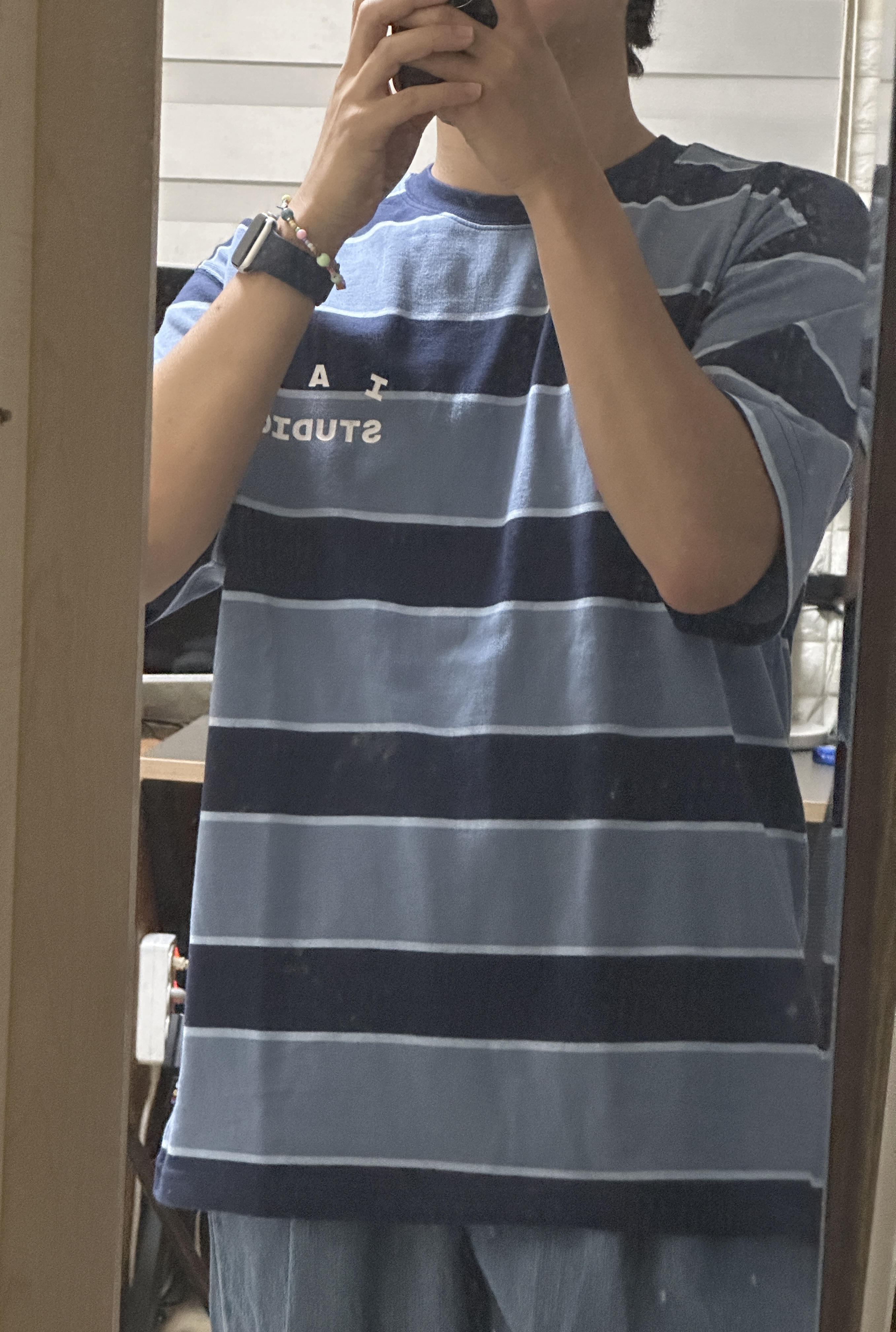 IAB Studio Striped T-Shirt Blue White 착용 스타일 - 1