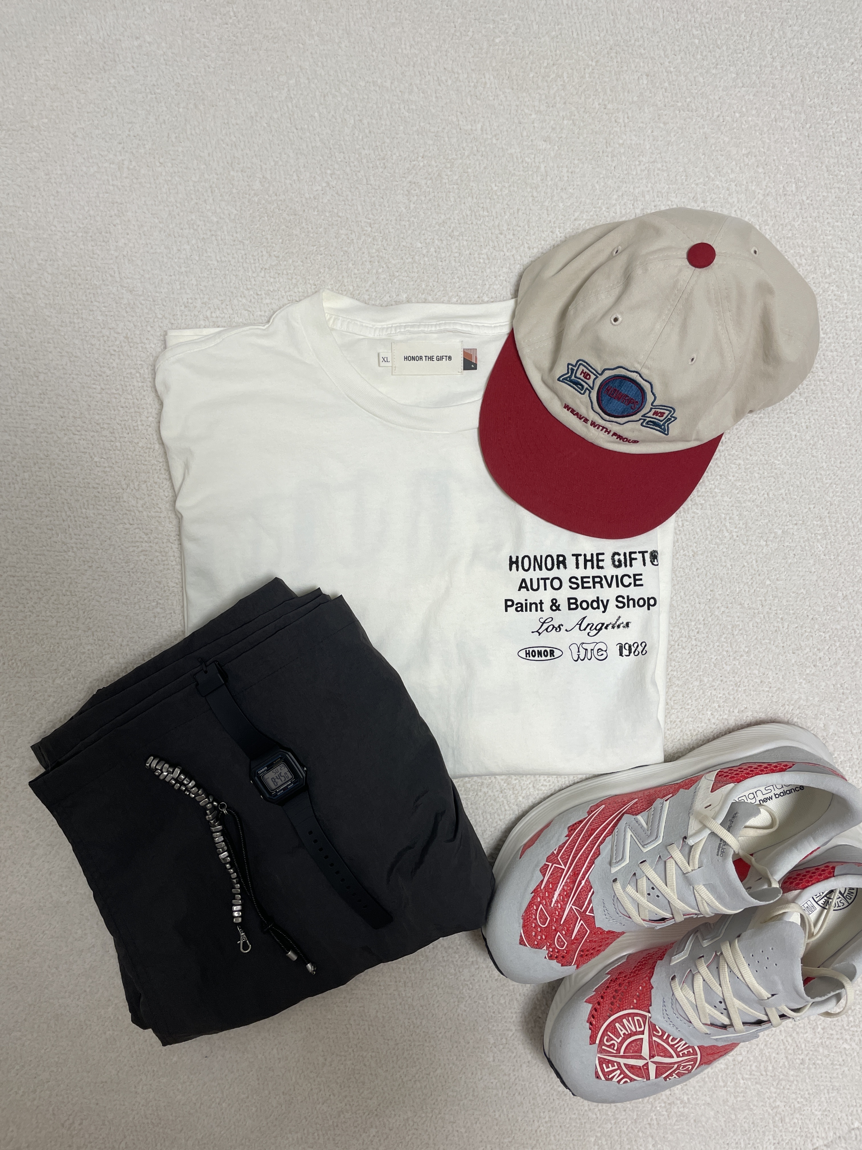 New Balance x Stone Island x Tokyo Design Studio FuelCell RC Elite v2 SI Red, Honor the Gift Inner City Auto Service SS Tee Bone 착용 스타일 - 7