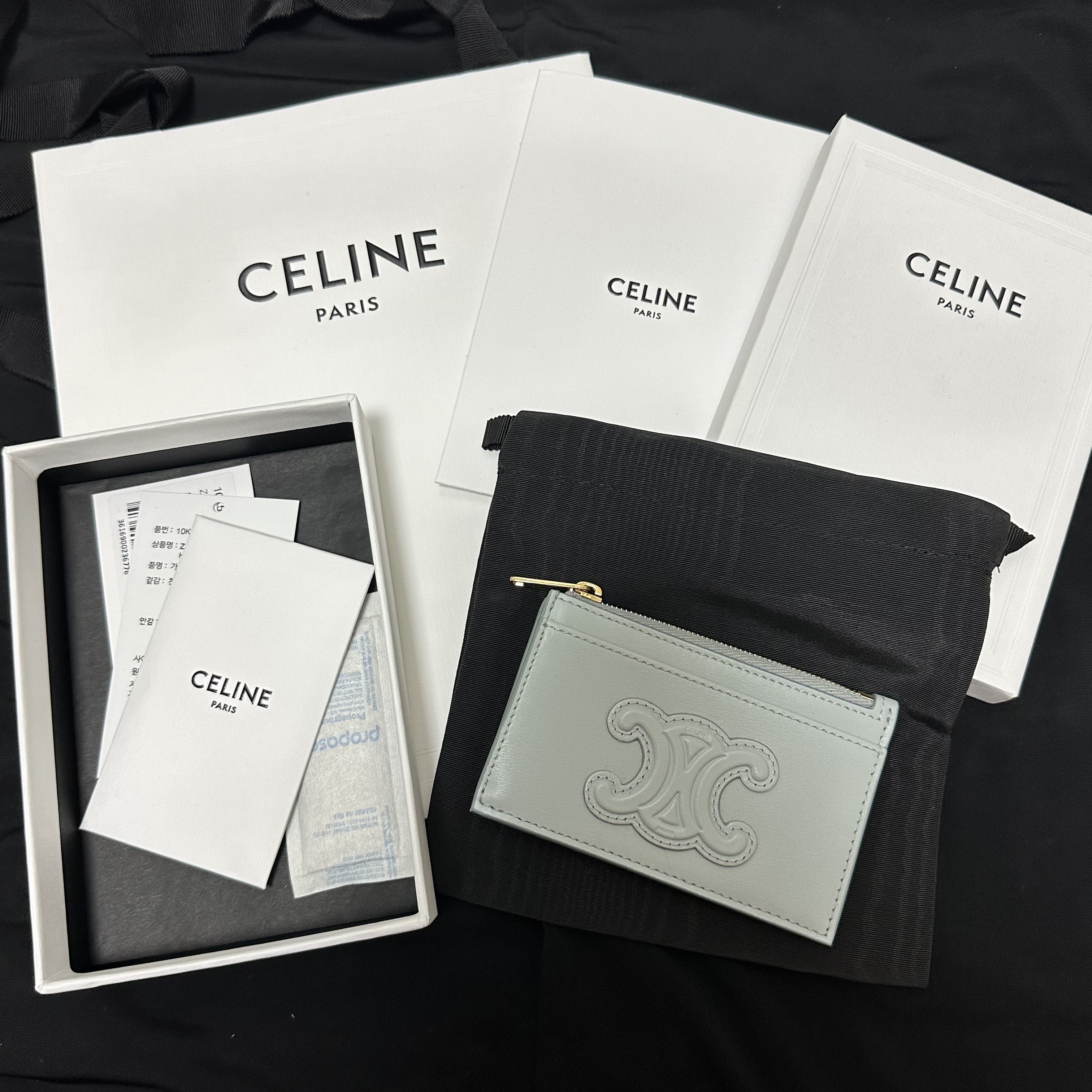 Celine Zipped Card Holder Cuir Triomphe in Shiny Calfskin Soft Blue 착용 스타일