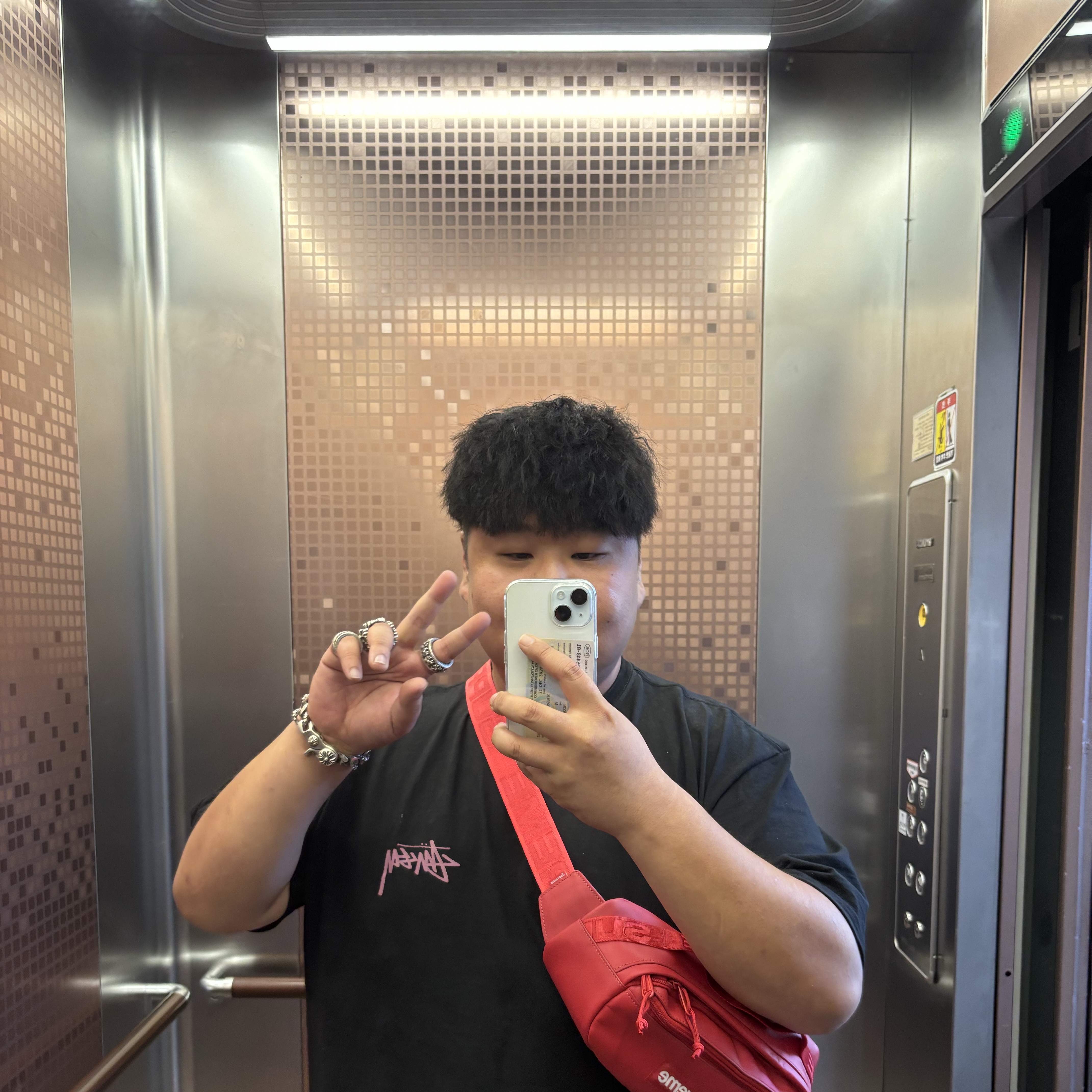 Stussy Skate Tough T-Shirt Black, Supreme Leather Waist Bag Red - 23FW 착용 스타일 - 2