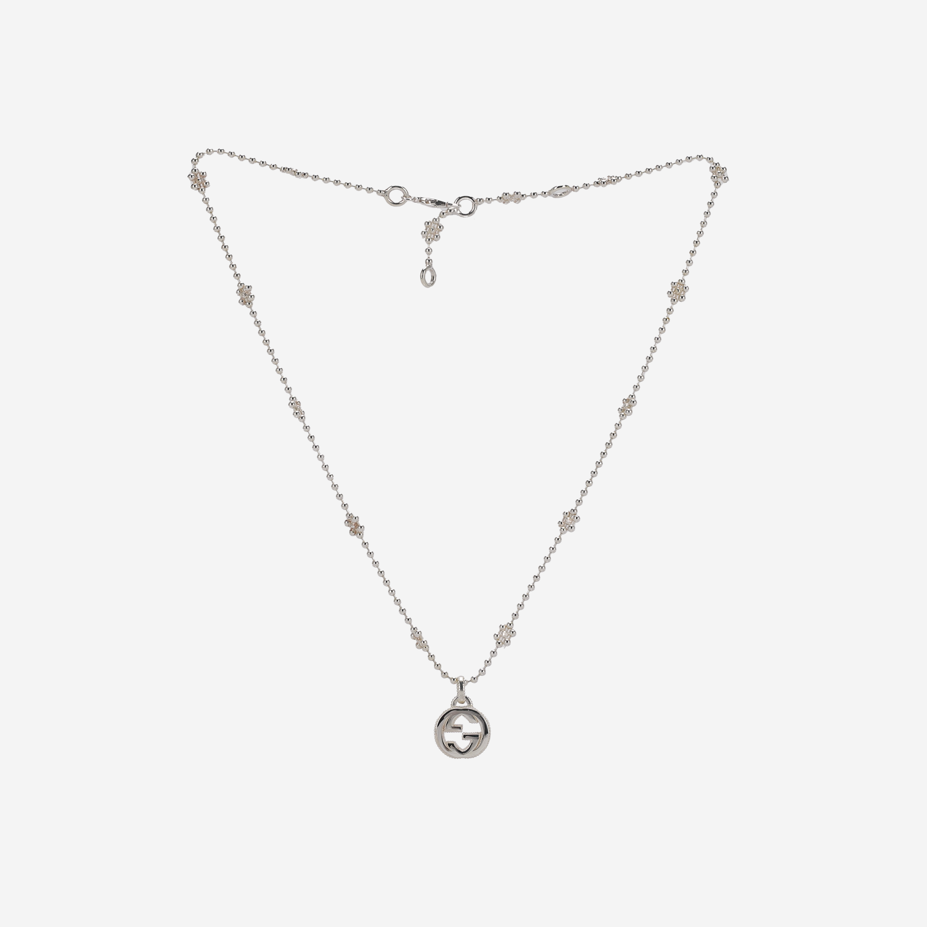 Gucci Interlocking G Pendant Flower Motif Chain Necklace Silver