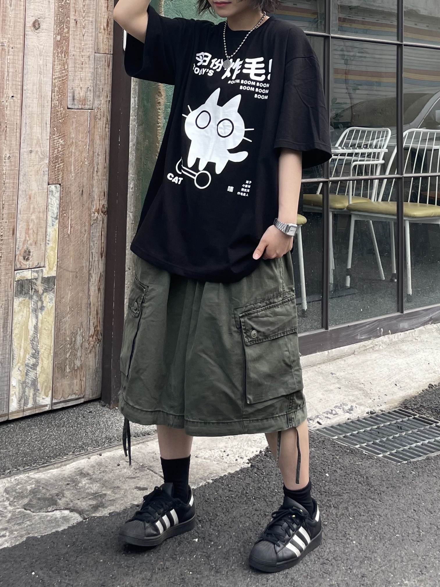Adidas Superstar Core Black White, Stussy Canvas Side Pouch Washed Black 착용 스타일 - 3