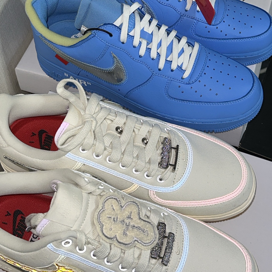 Nike x Travis Scott Air Force 1 Low Sail, Nike x Off-White Air Force 1 Low MCA University Blue 착용 스타일