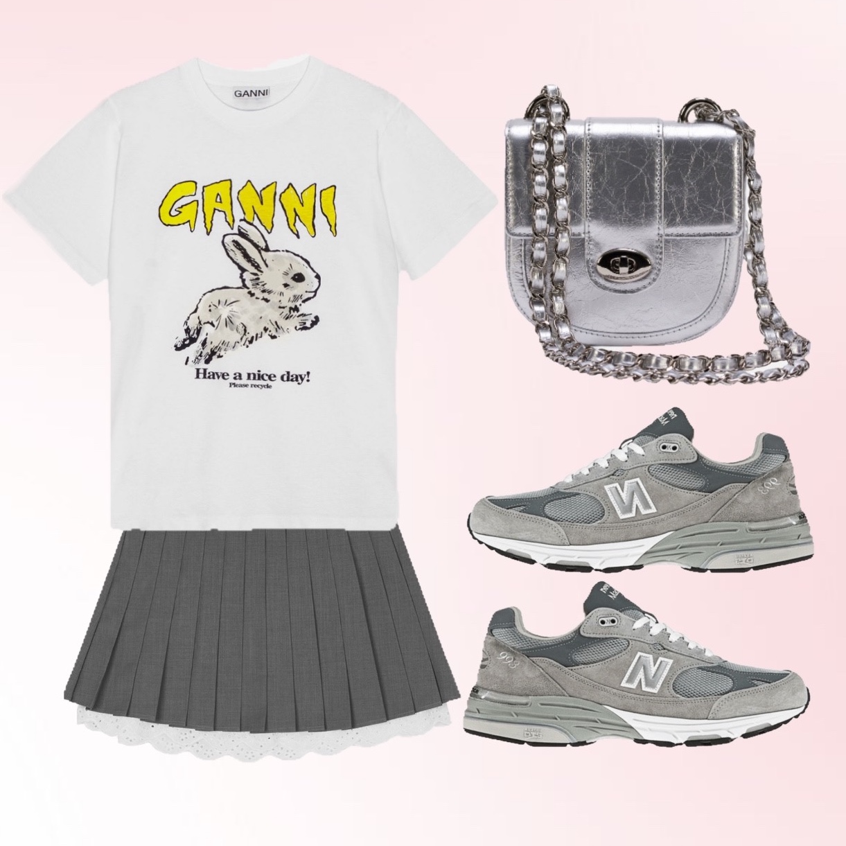 (W) New Balance 993 Made in USA Grey - B Standard, (W) Ganni Relaxed Bunny T-Shirt Bright White 착용 스타일