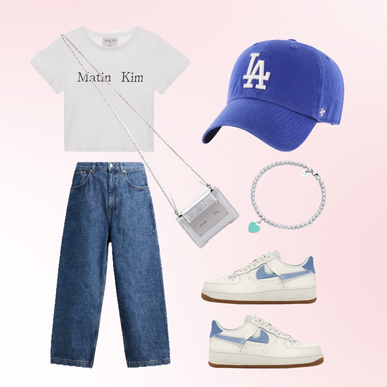 (W) Matin Kim Logo Crop Top White, Matin Kim Accordion Mini Bag Silver 착용 스타일