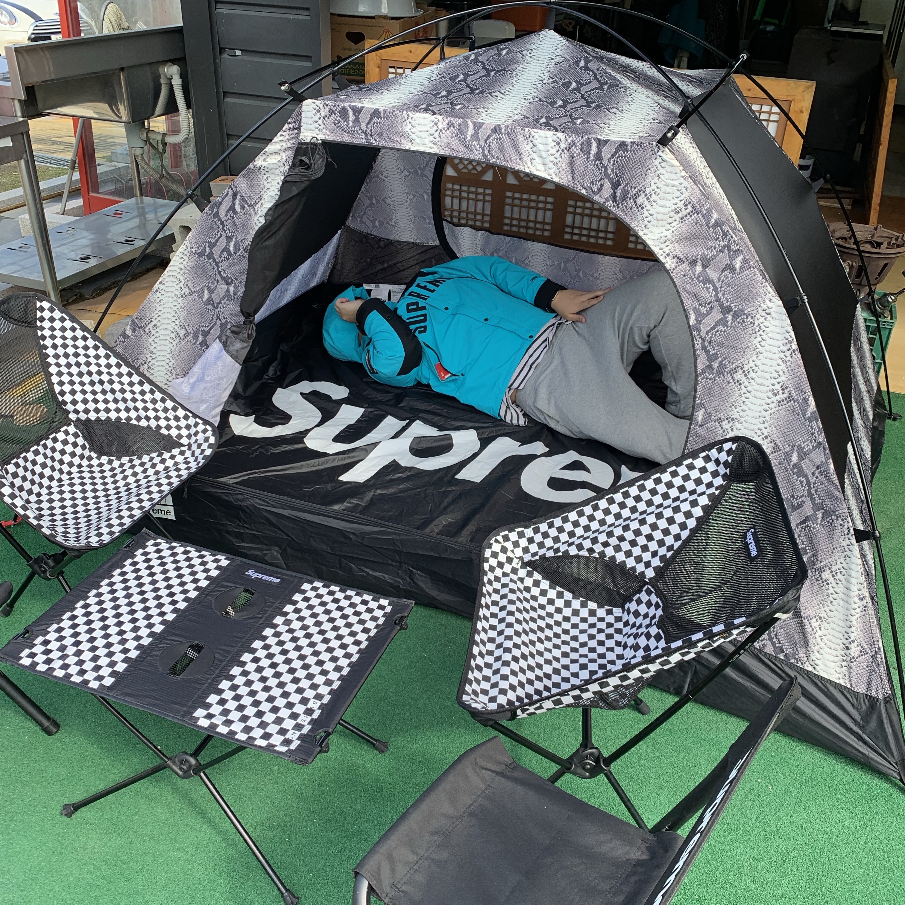 Supreme x The North Face Snakeskin Taped Seam Stormbreak 3 Tent Black - 18SS, Supreme x The North Face Arc Logo Mountain Parka Teal - 19SS 착용 스타일