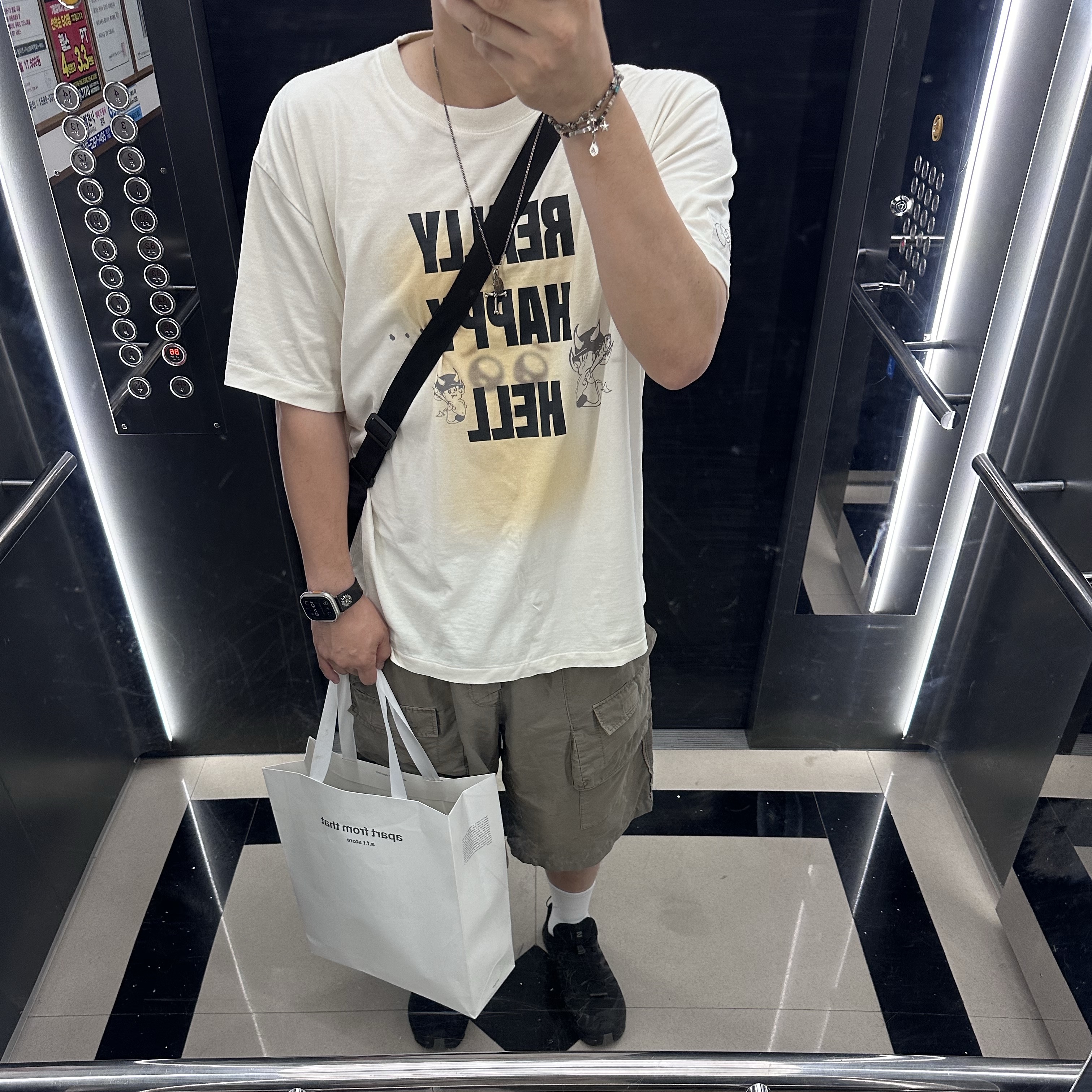 Polyteru Front Cargo 1/2 Pants Gray Beige, Salomon XA Pro 3D Black Magnet 착용 스타일