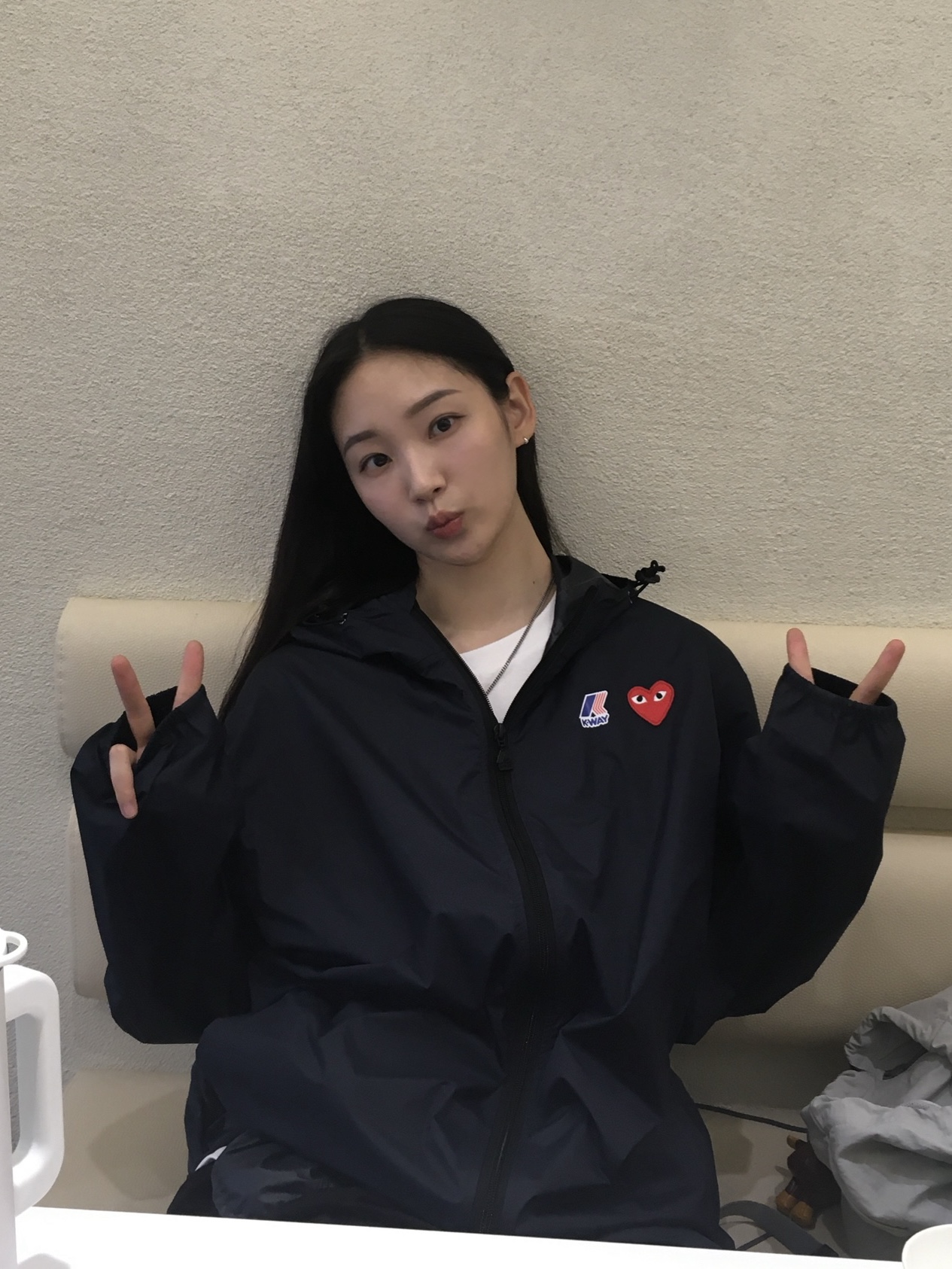 Play Comme des Garcons x K-Way Full Zip Jacket Navy 착용 스타일