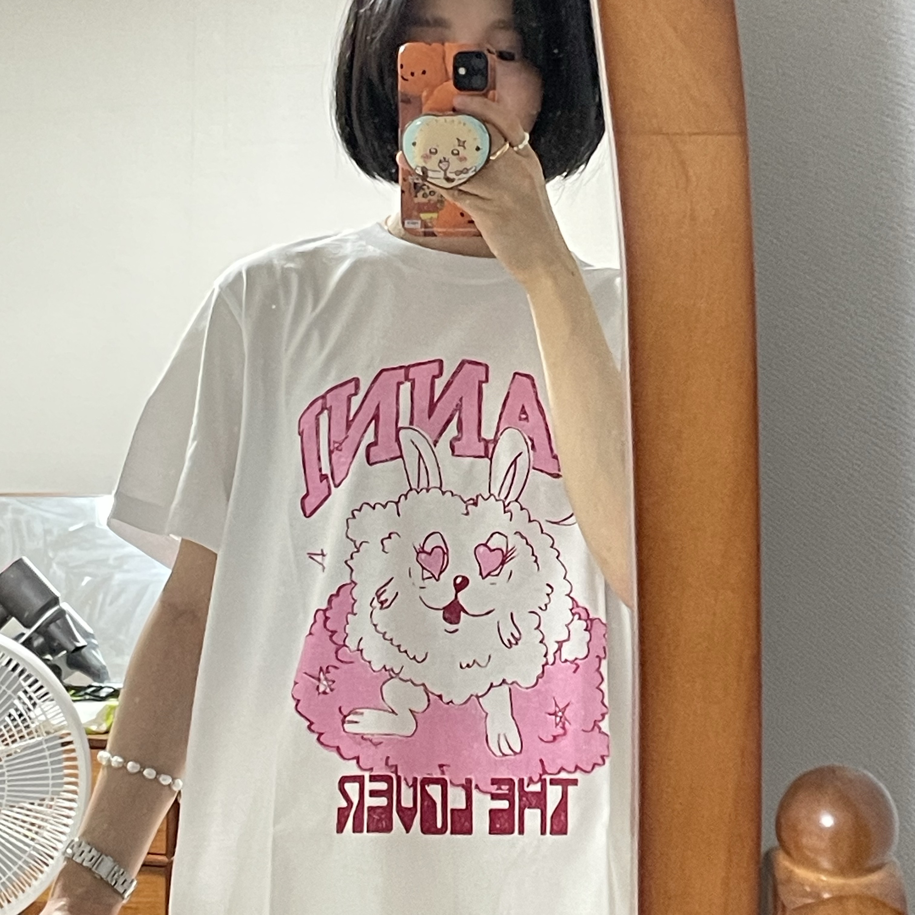 (W) Ganni Relaxed Love Bunny T-Shirt Bright White 착용 스타일