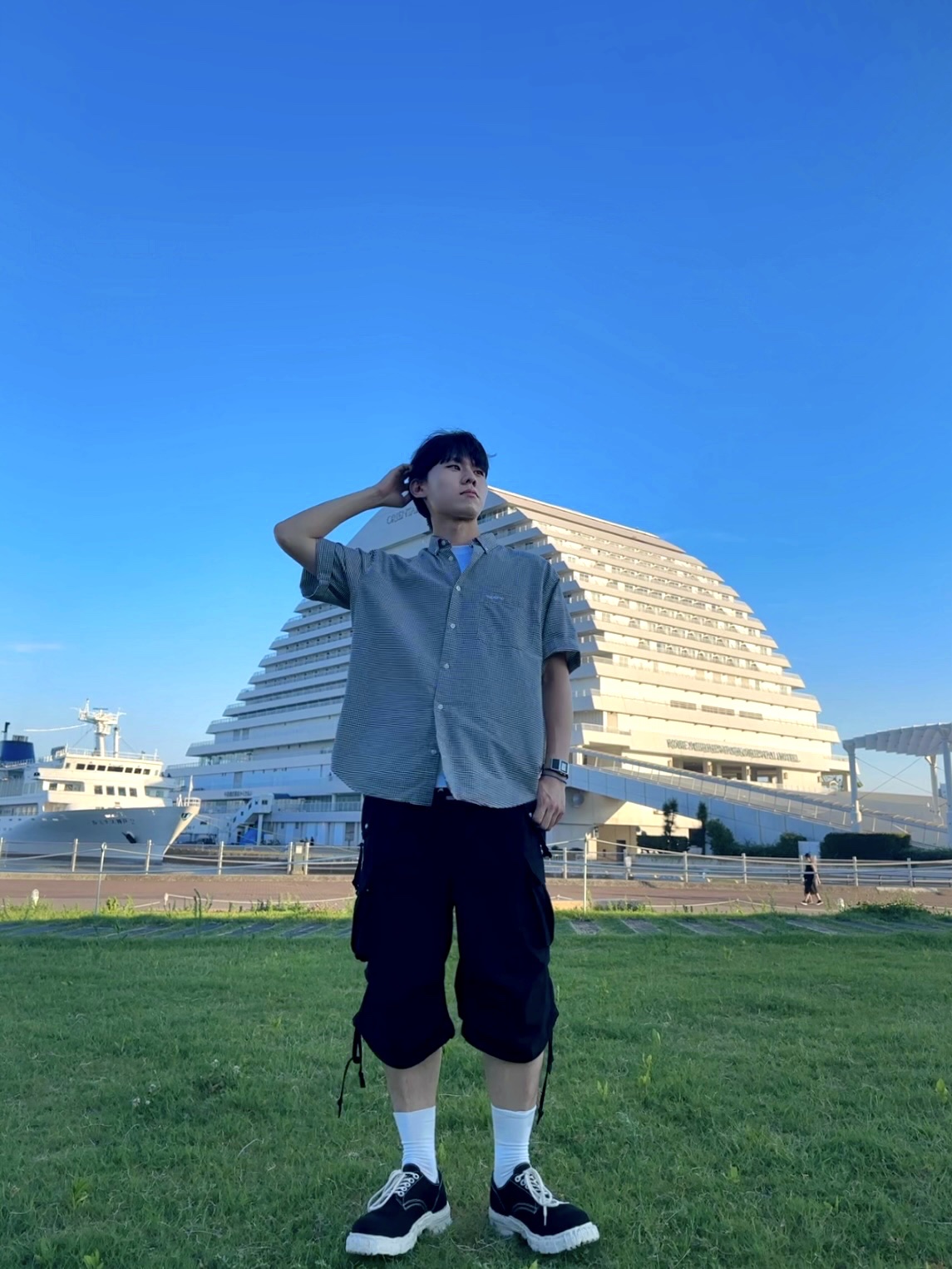Maison Mihara Yasuhiro General Scale Vintage Like Sole Canvas Shoes Black, Supreme Loose Fit S/S Oxford Shirt Gingham - 24SS 착용 스타일 - 3