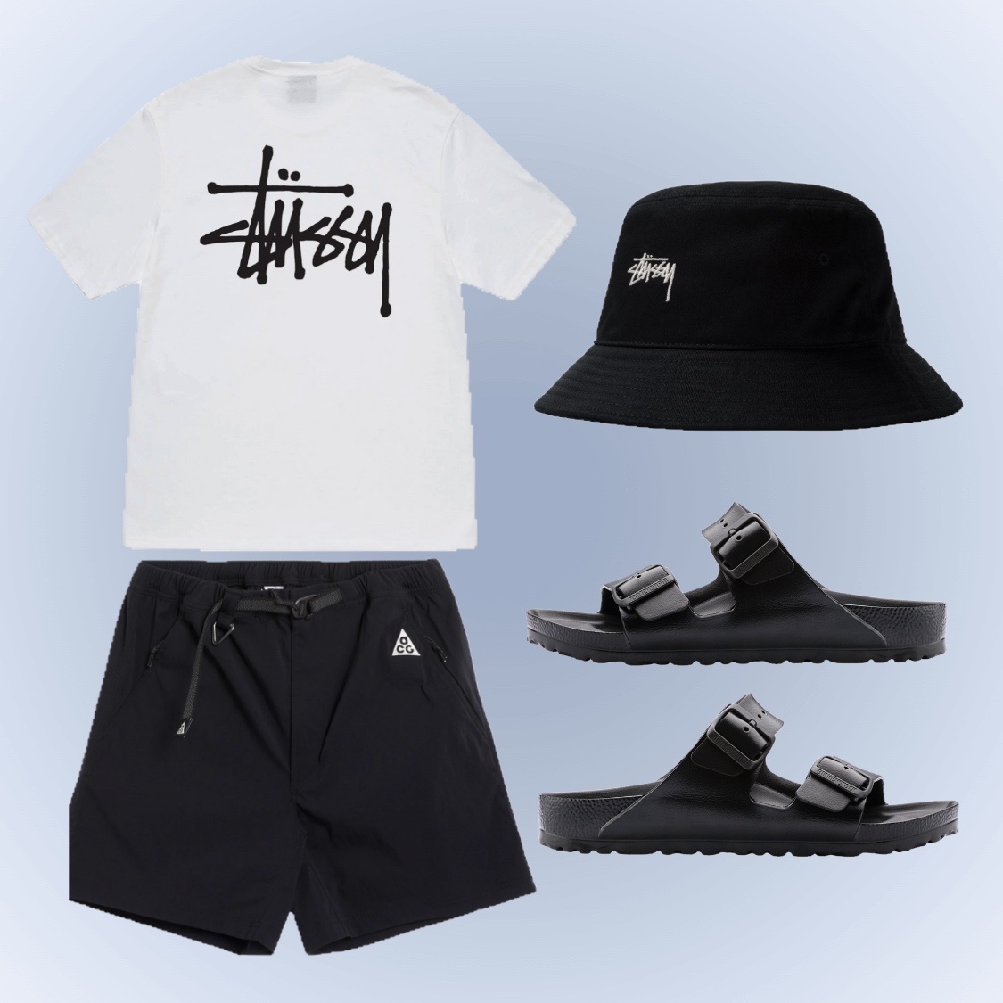 Stussy Basic Stussy T-Shirt White 2024, 2025, Stussy Peached Nylon Basic Bucket Hat Black 착용 스타일