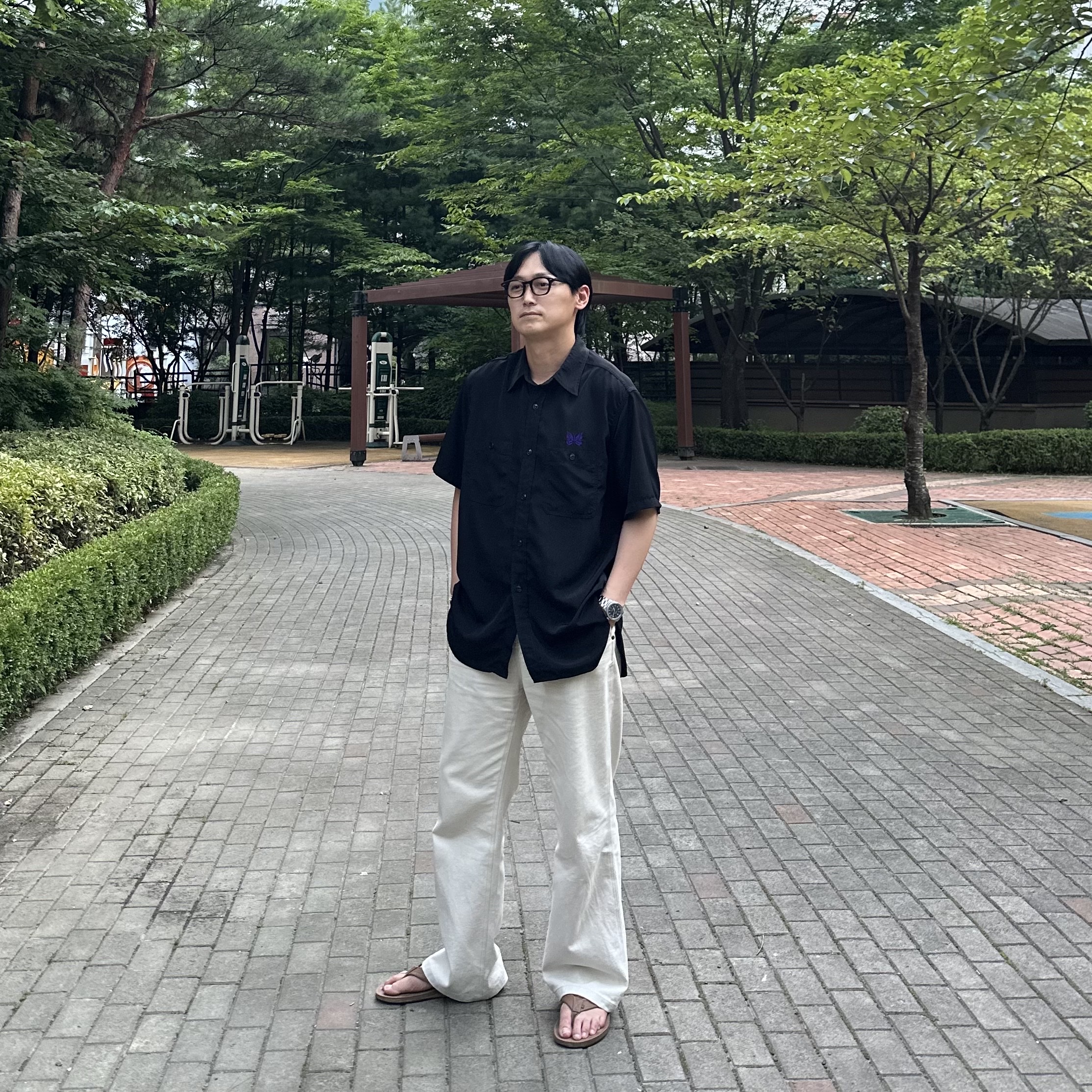 Needles S/S Italian Collar Shirt Navy 착용 스타일 - 3