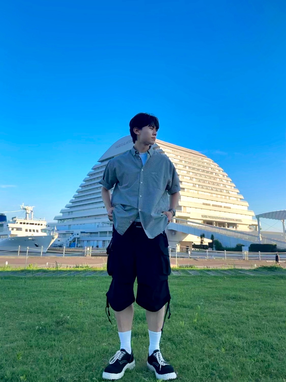 Maison Mihara Yasuhiro General Scale Vintage Like Sole Canvas Shoes Black, Supreme Loose Fit S/S Oxford Shirt Gingham - 24SS 착용 스타일 - 4