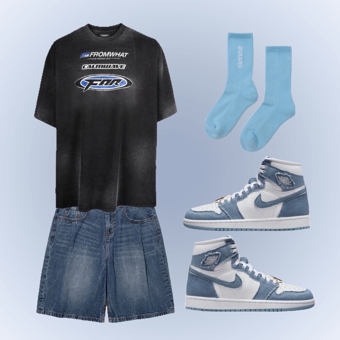 Farfromwhat Far Washed Logo T-Shirt Black, Millo Archive Denim Bermuda Pants Mid Blue 착용 스타일