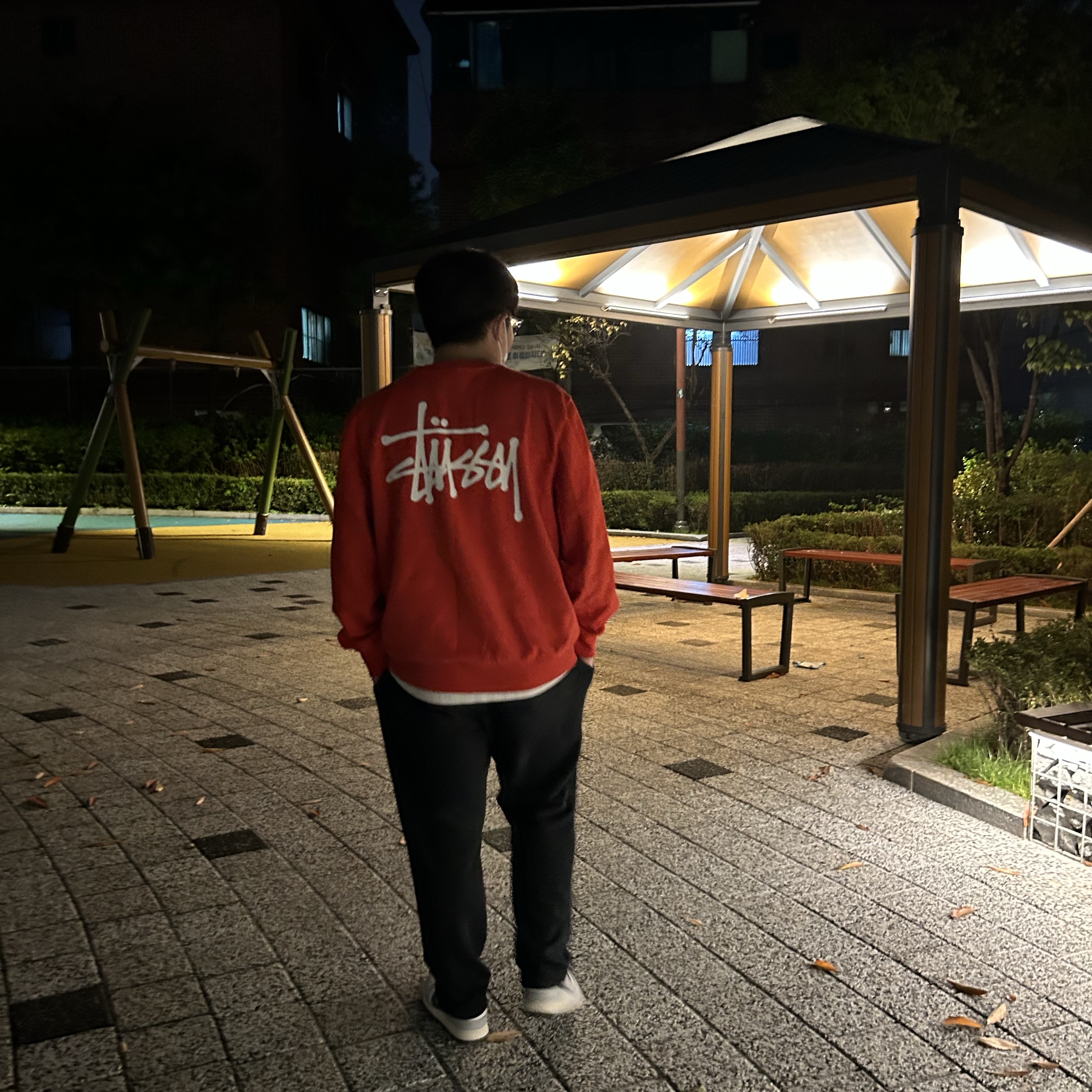 Stussy Basic Stussy Pigment Dyed Crew Tomato, (W) Nike Dunk Low Light Smoke Grey 착용 스타일