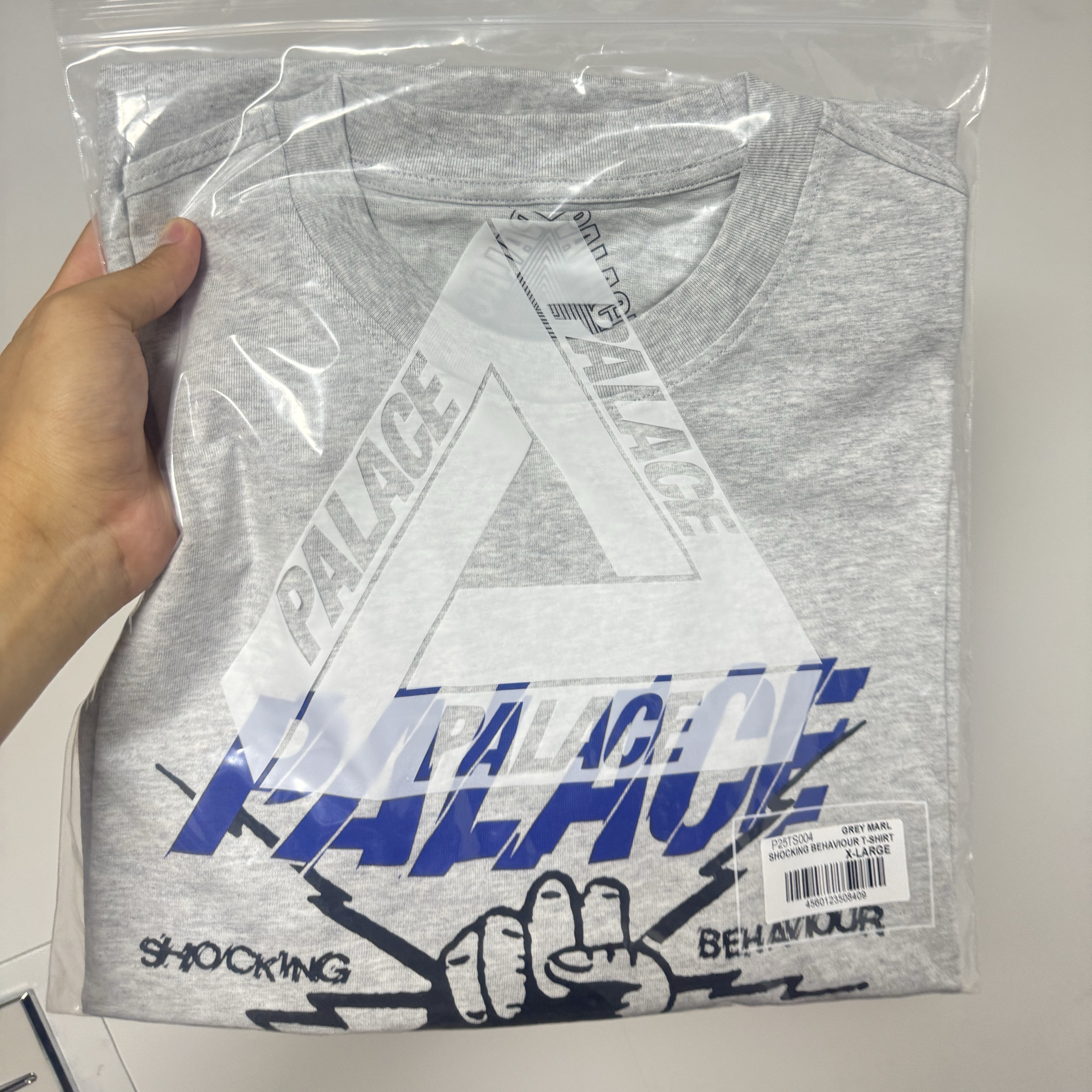 Palace Shocking Behaviour T-Shirt Grey Marl - 23FW 착용 스타일