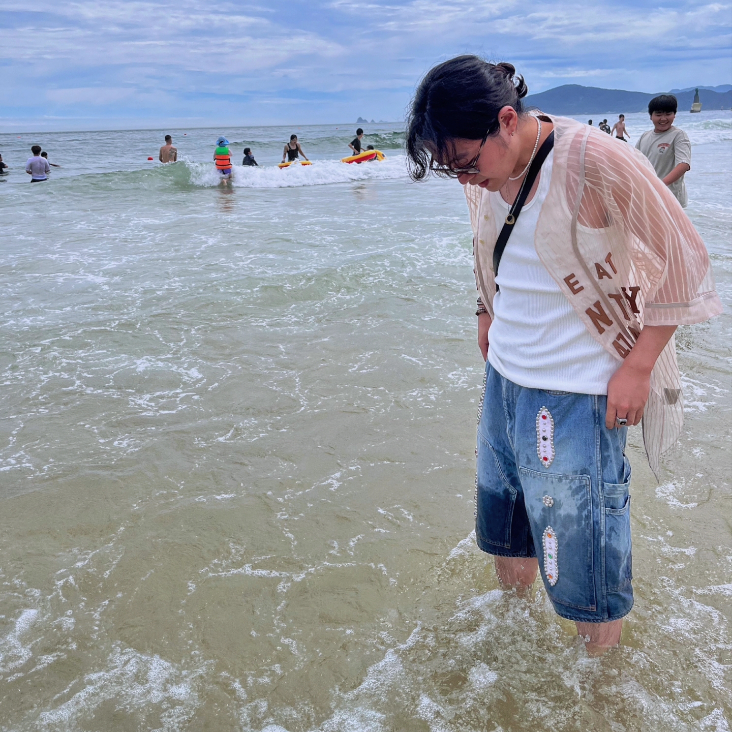 Kapital 14 oz. Denim Short Pants Studs Remake Indigo (Processing), Kapital Sheer Stripe Great Kountry Baseball Shirt Beige 착용 스타일