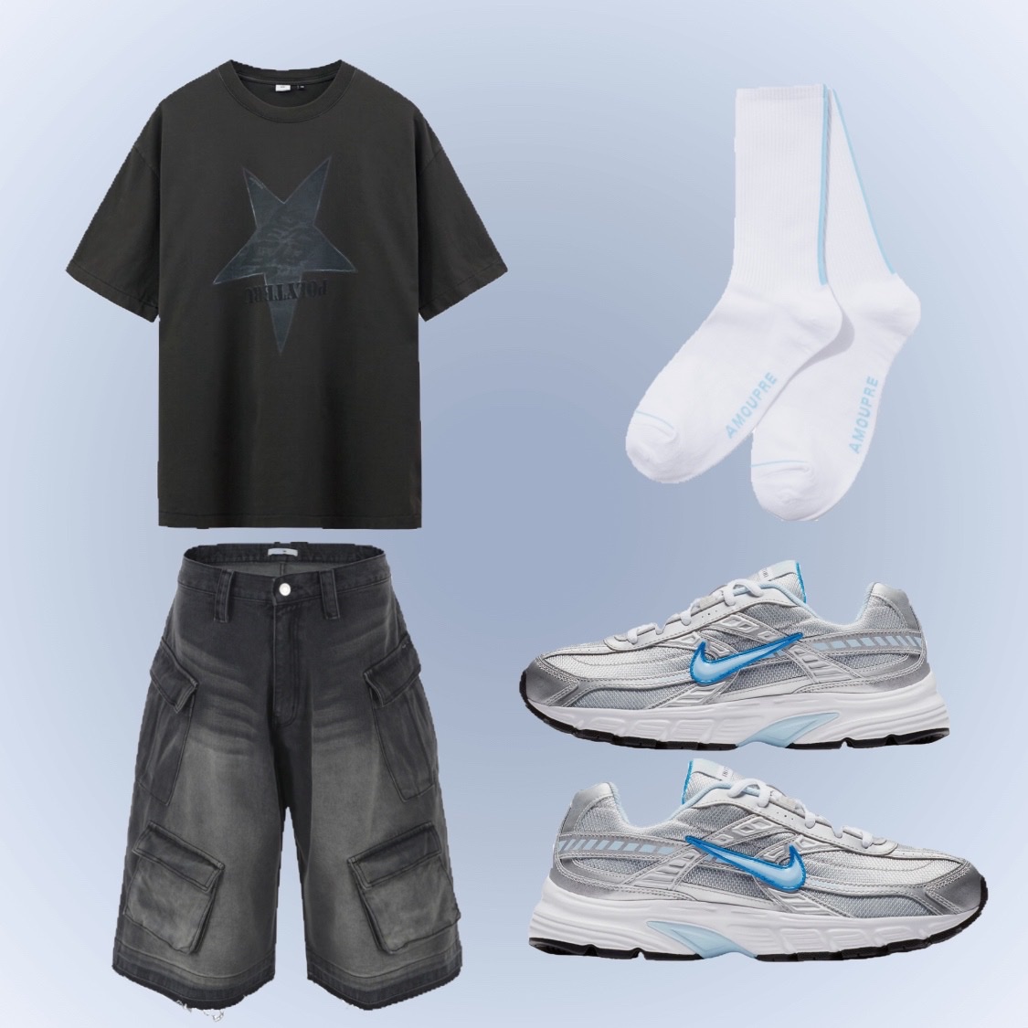 Nos Couleurs Old Washed Cargo Denim Shorts Dark Grey, (W) Nike Initiator Metallic Silver Ice Blue 착용 스타일
