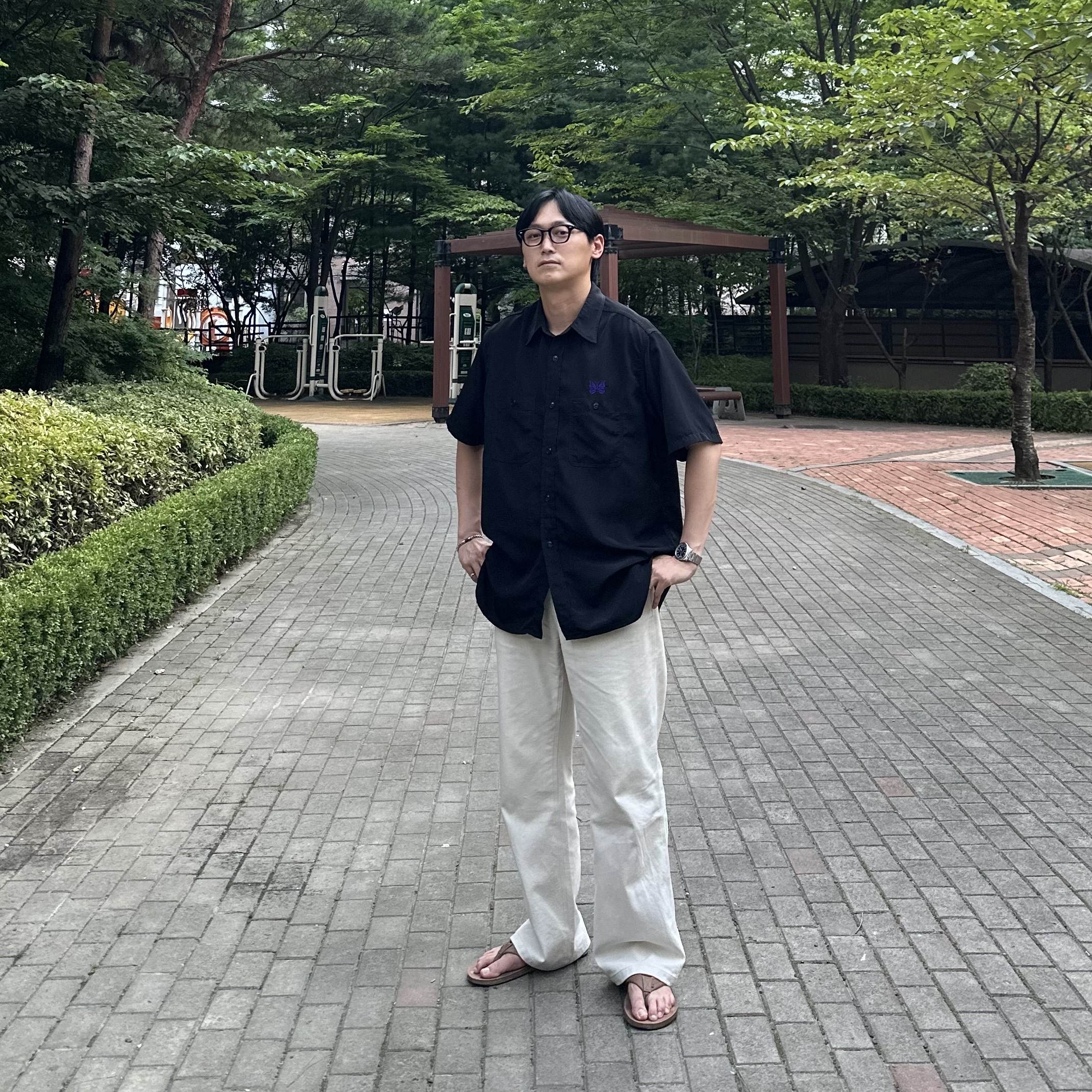 Needles S/S Italian Collar Shirt Navy 착용 스타일 - 1