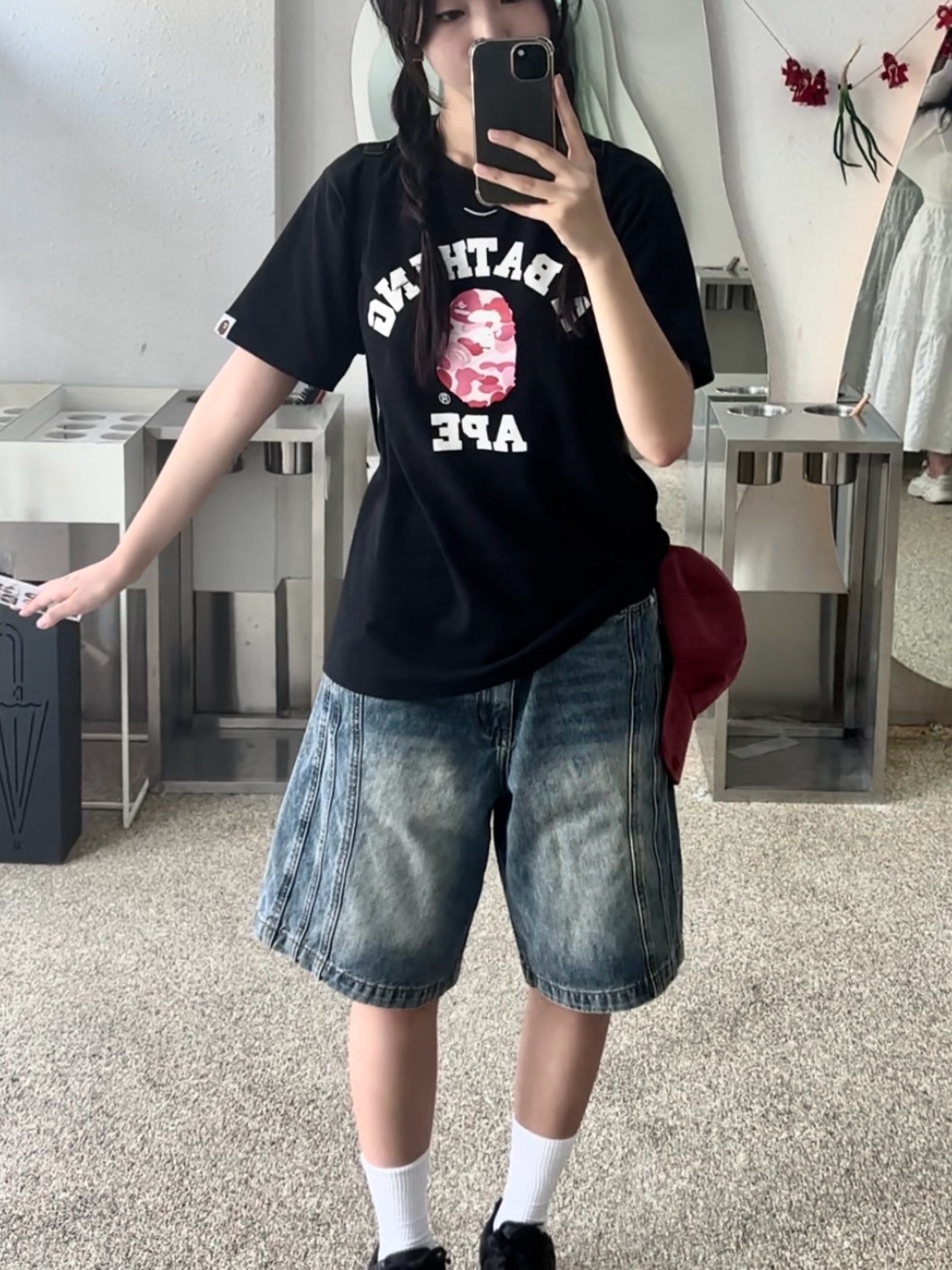 BAPE ABC Camo College T-Shirt Black Pink 착용 스타일