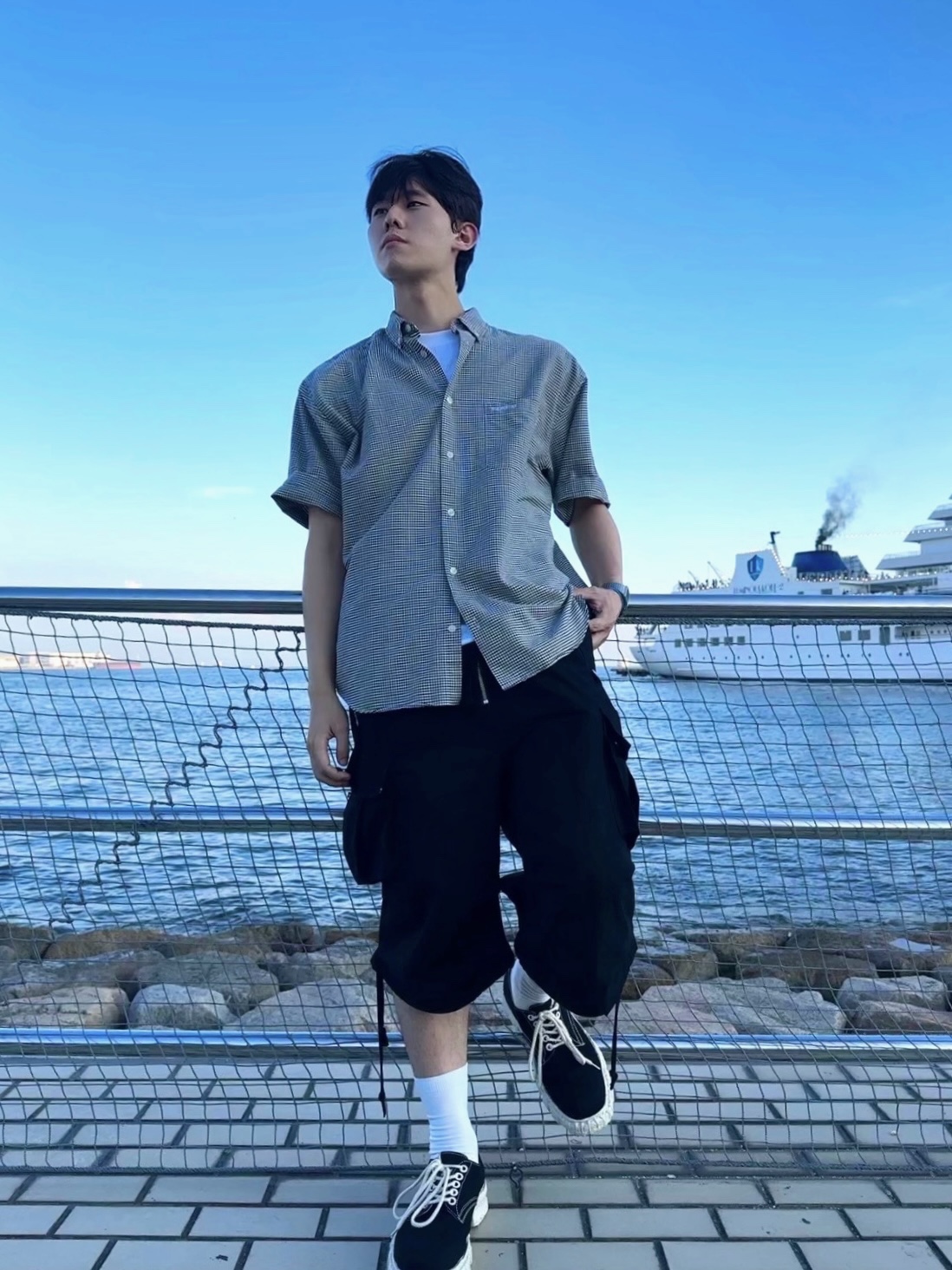 Maison Mihara Yasuhiro General Scale Vintage Like Sole Canvas Shoes Black, Supreme Loose Fit S/S Oxford Shirt Gingham - 24SS 착용 스타일 - 2