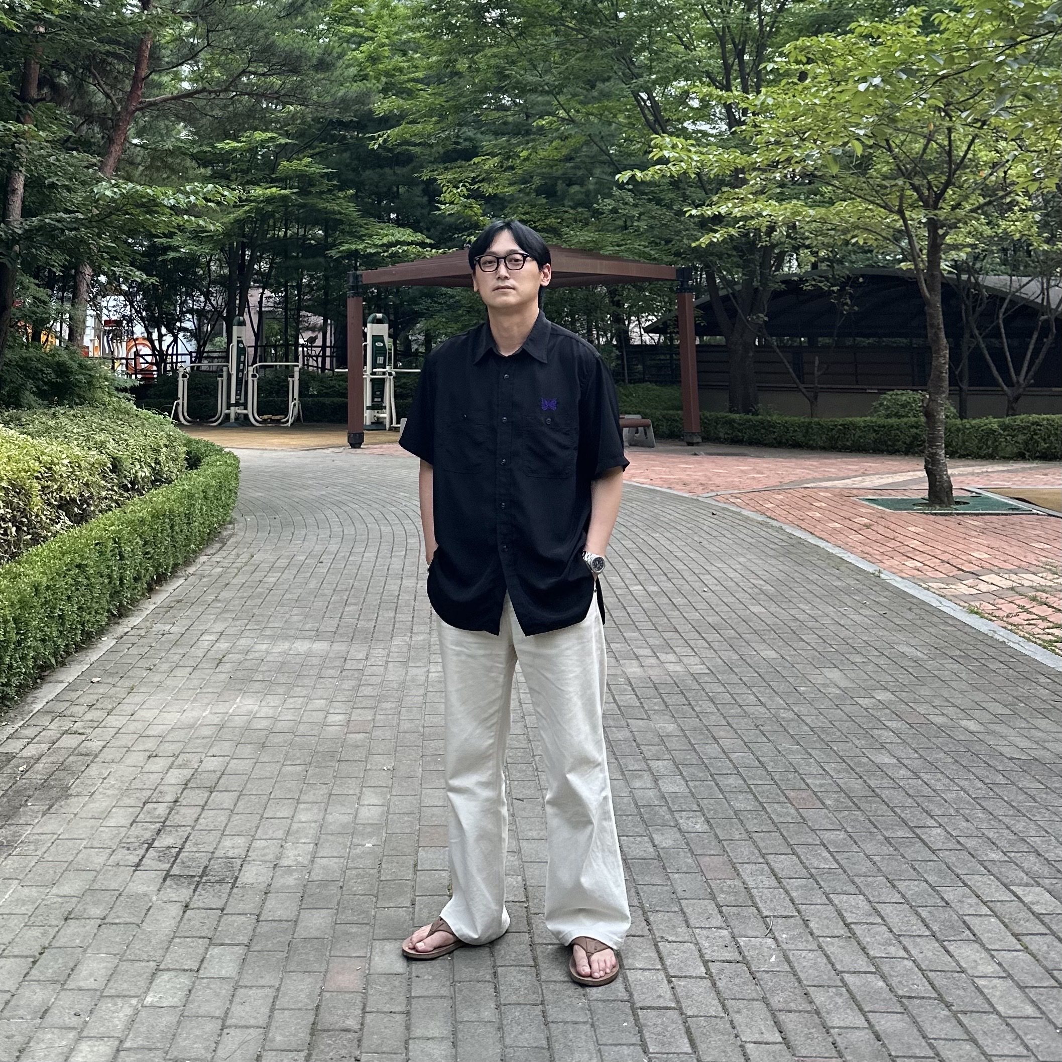 Needles S/S Italian Collar Shirt Navy 착용 스타일 - 2