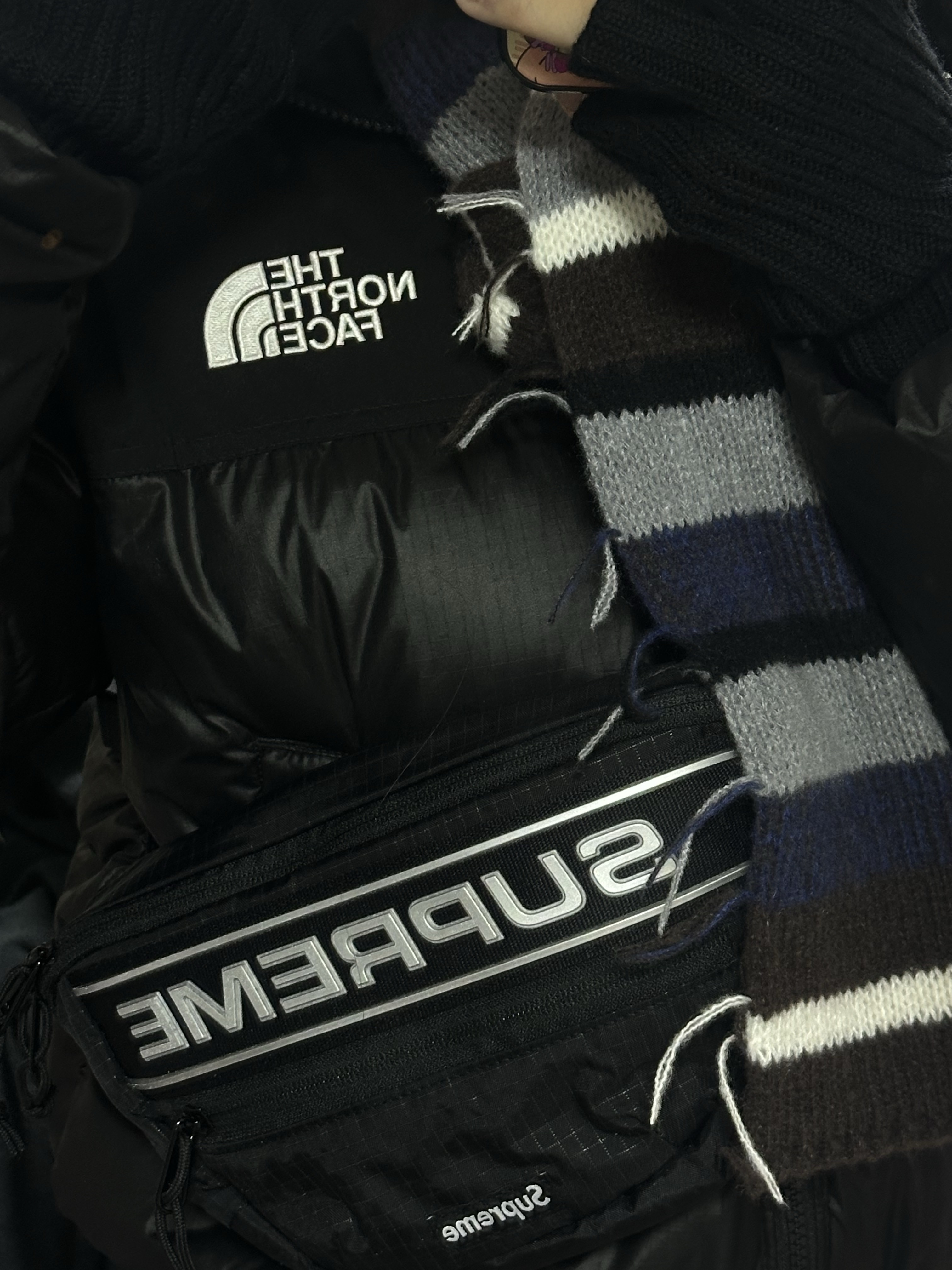 (W) The North Face White Label Novelty Nuptse Down Jacket Black, Supreme Waist Bag Black - 23FW 착용 스타일