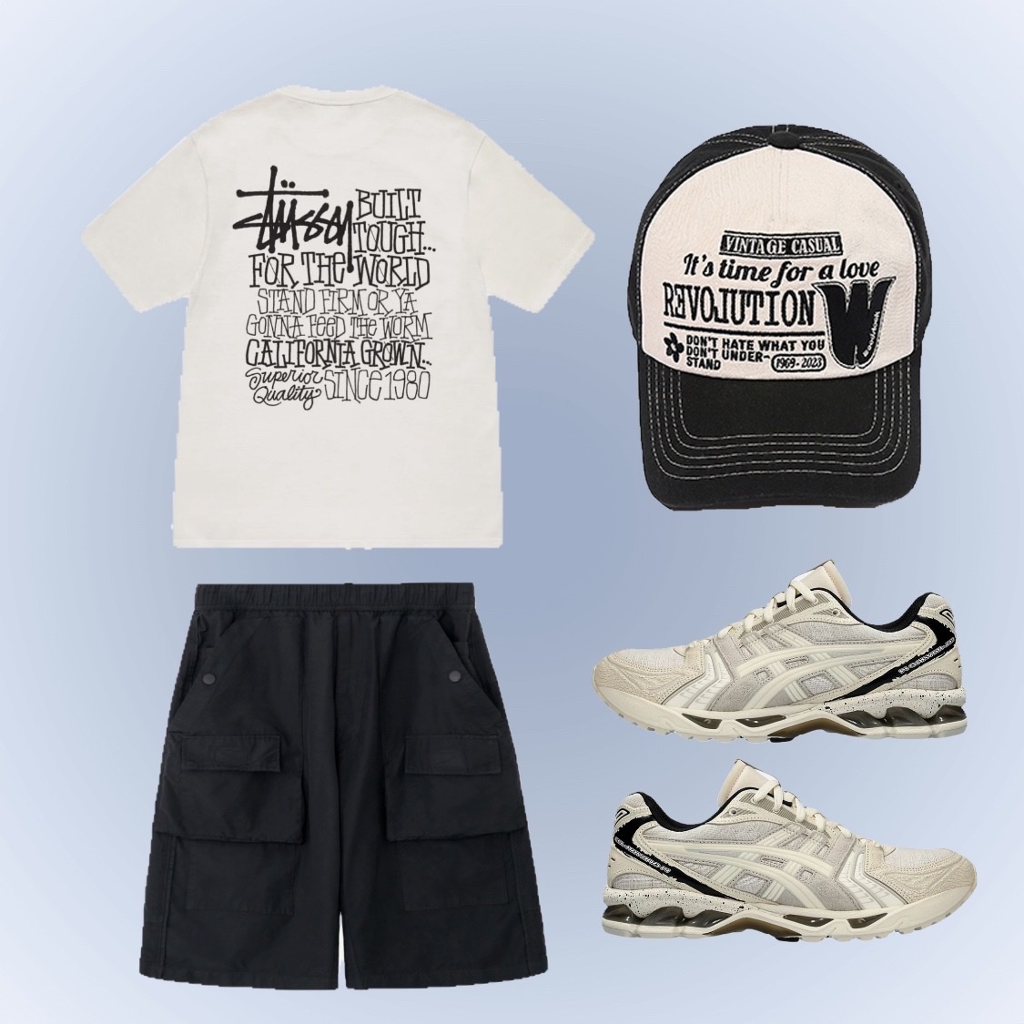 Stussy California Grown Pigment Dyed T-Shirt Natural, Ogarp Revolution 5-Pannel Cap Black 착용 스타일
