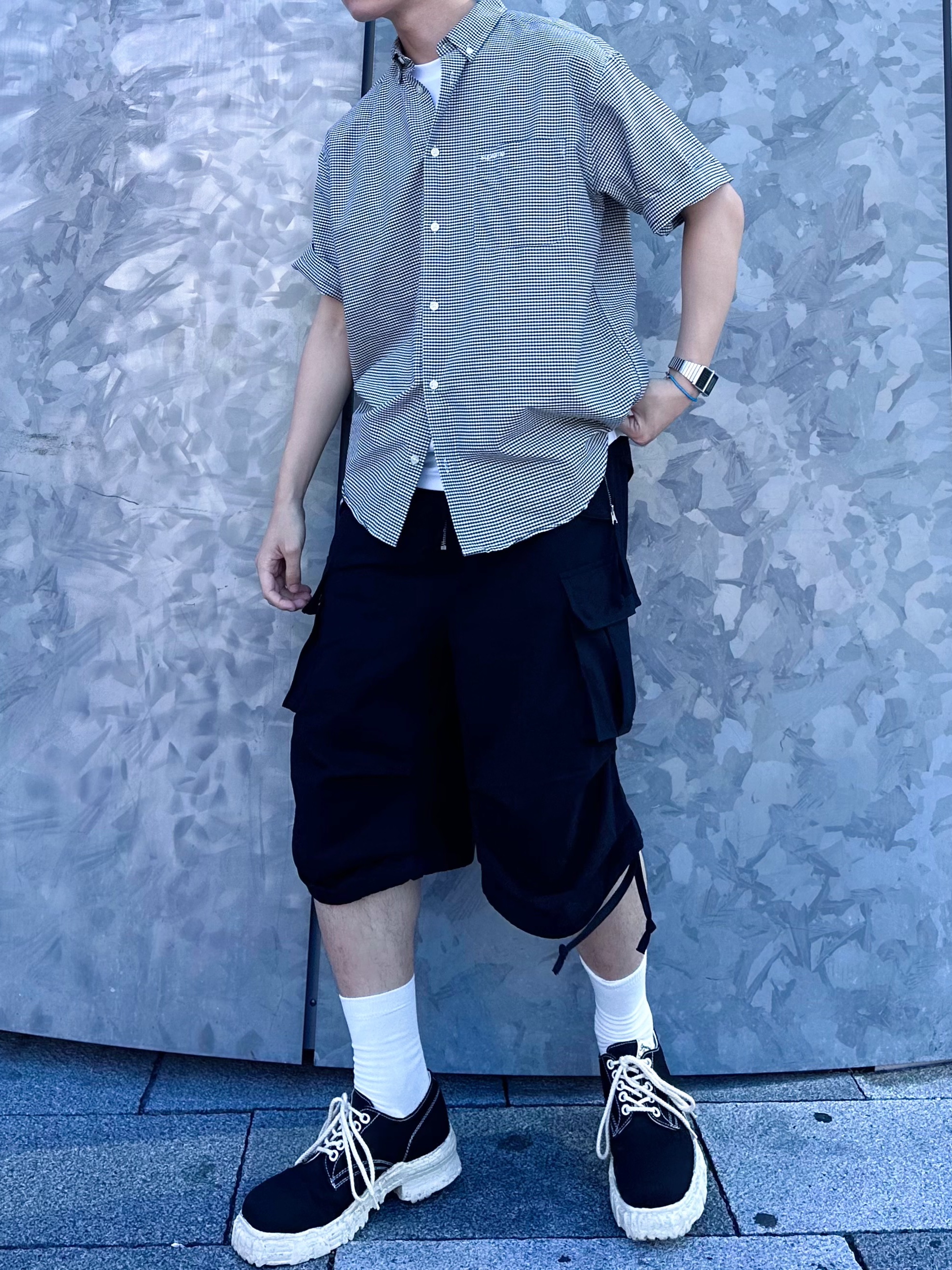 Maison Mihara Yasuhiro General Scale Vintage Like Sole Canvas Shoes Black, Supreme Loose Fit S/S Oxford Shirt Gingham - 24SS 착용 스타일 - 5