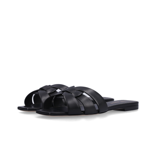 (W) Saint Laurent Tribute Flat Mules in Smooth Leather Black