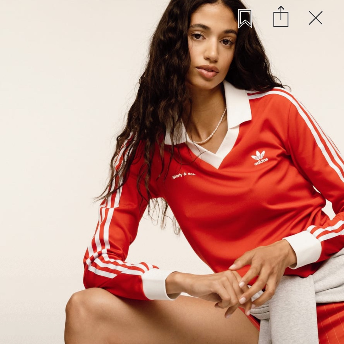 (W) Adidas x Sporty & Rich Shorts White Collegiate Red - KR Sizing, (W) Adidas x Sporty & Rich Long Sleeve Football Jersey White Collegiate Red - KR Sizing 착용 스타일
