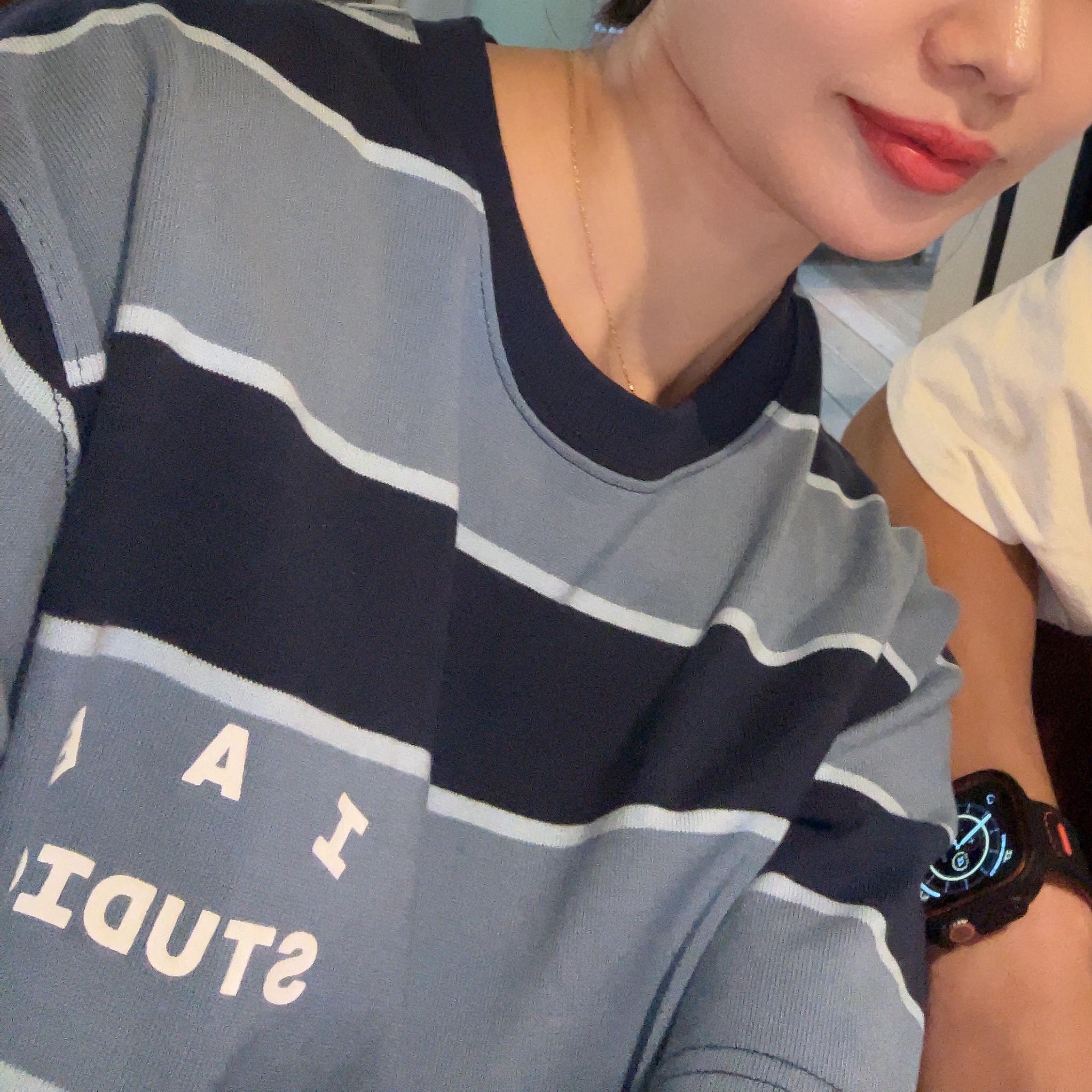 IAB Studio Striped T-Shirt Blue White 착용 스타일