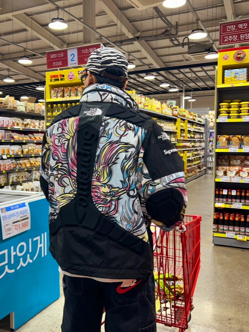 Supreme x The North Face Steep Tech Apogee Jacket Multicolor Dragon - 22FW, Supreme Washed Chino Twill Camp Cap Zebra - 22FW 착용 스타일 - 1