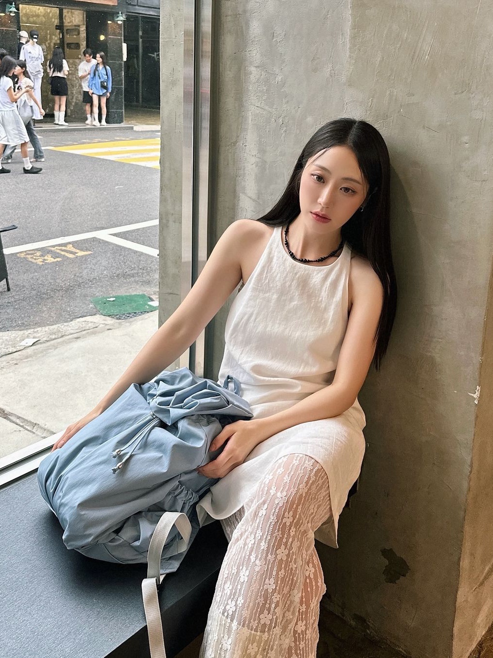 ACOC Blooming Backpack Ice Blue, ACOC Blooming Backpack Black 착용 스타일