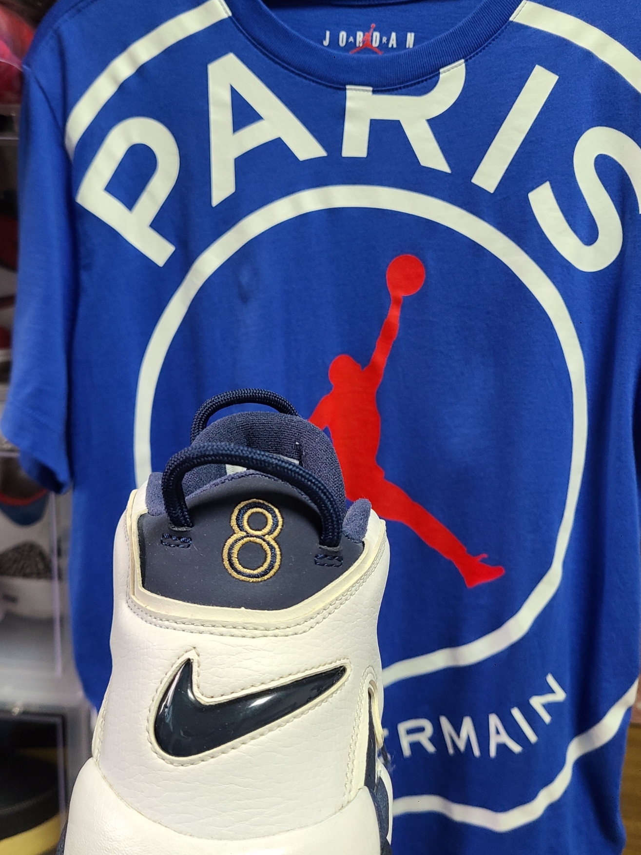 Nike Air More Uptempo Olympic 2016, Jordan x Paris Saint-Germain Logo T-Shirt Black - US/EU 착용 스타일 - 1